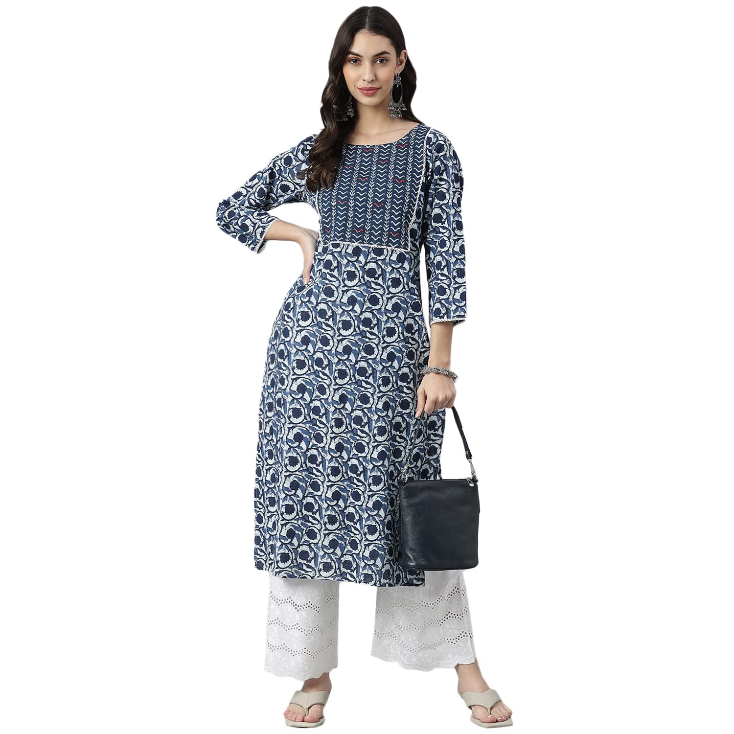 Stylum Women's Indigo Printed Cotton Slub Straight Kurta (Indigobird42_Navy Blue, Xl)