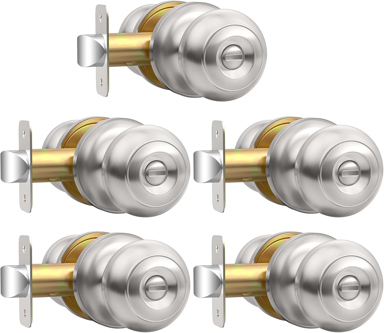 Brushed Nickel Door Knobs Interior Keyless Knob, Privacy Door Knob with Lock, 5 Pack Door Locks for Bedrooms Bathroom, Reversible for Left/Right Door Handle 5 Brushed Nickel