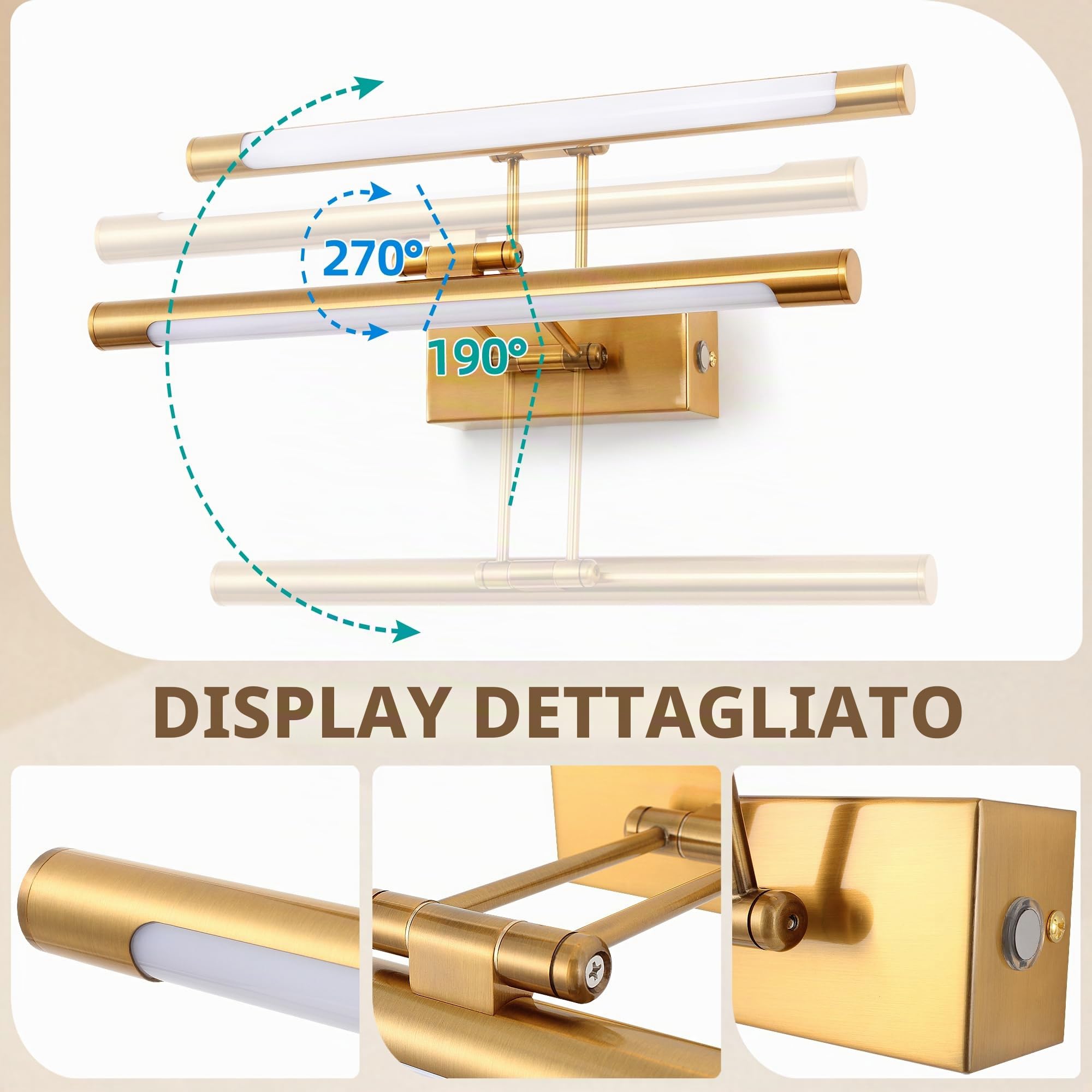Specchio Luce Bagno LED 40cm 8W 3000K Dimmerabile Testa della Lampada Girevole IP44 Impermeabile Luce Calda Regolabile per Trucco Design Moderno