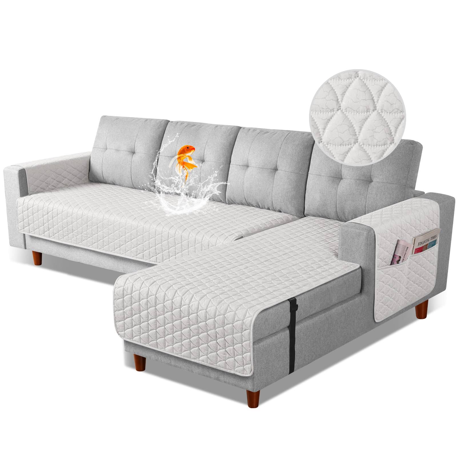 TAOCOCO Sectional Couch Covers 100% Waterproof L Shaped Sofa Covers for Right Hand Facing Chaise Lounge, 2 Pieces Couch Cover L Shape Furniture Protector Slipcover for Pets Kids, Large/Off White-image-22