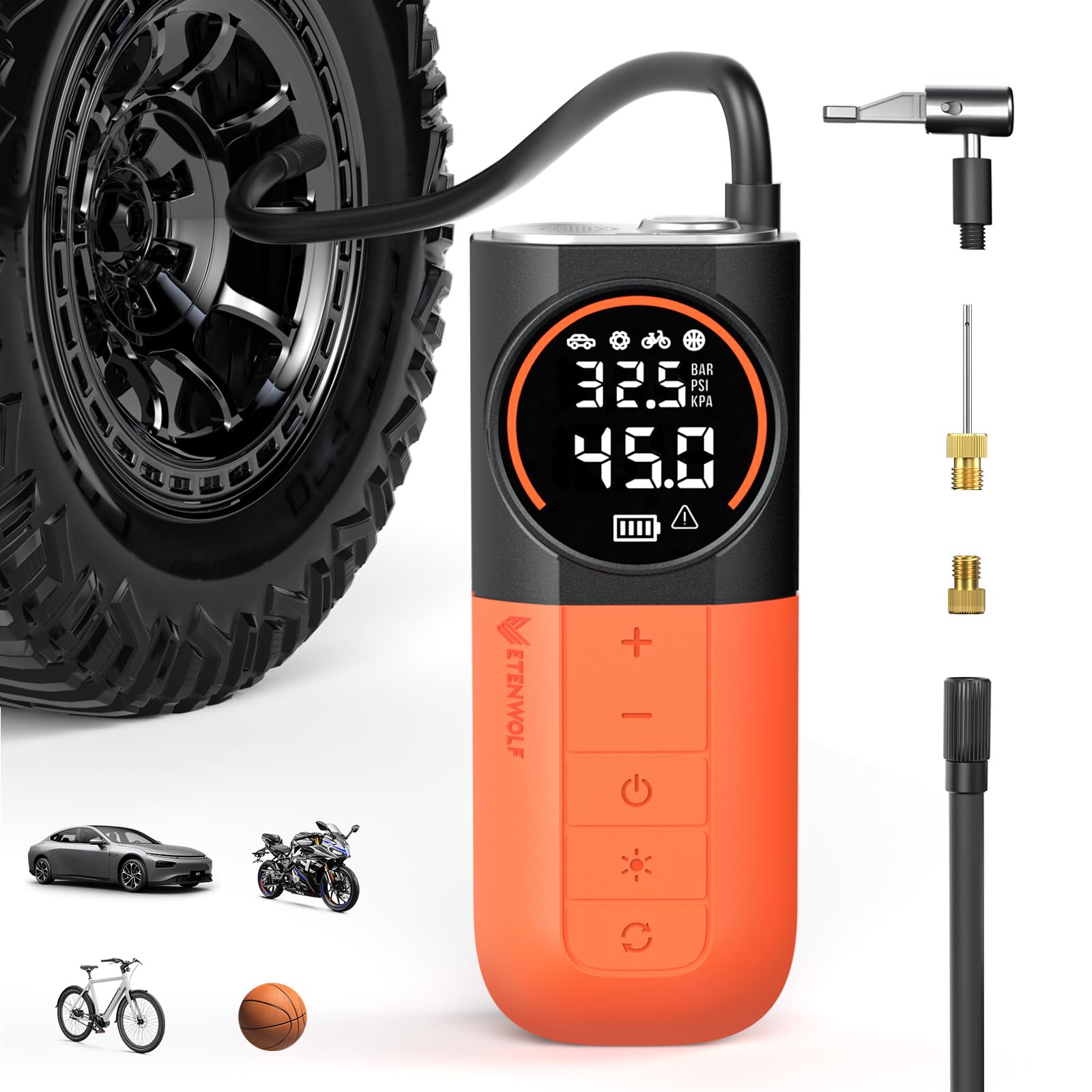 Etenwolf S1-52400 mAh Compressore Aria Portatile 11 Bar/160 PSI | Gonfiatore Elettrico Portatile con Luci a LED e Display Digitale, Mini Compressore Portatile per Auto, Bici, Moto e Palla
