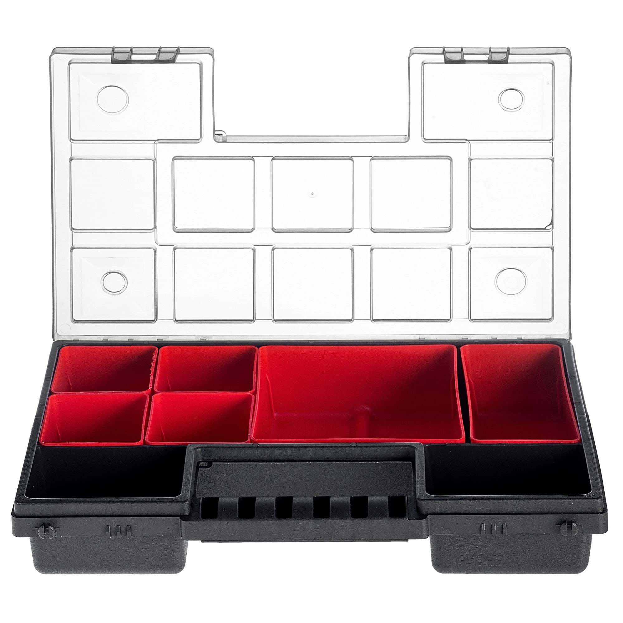 KADAX Organizer con Coperchio Trasparente – Cassetta Porta Minuteria a Scomparti per Viti, Bulloni, Ferramenta, Officina e Garage – Plastica Resistente (28 x 18 cm, 12 Pezzi)