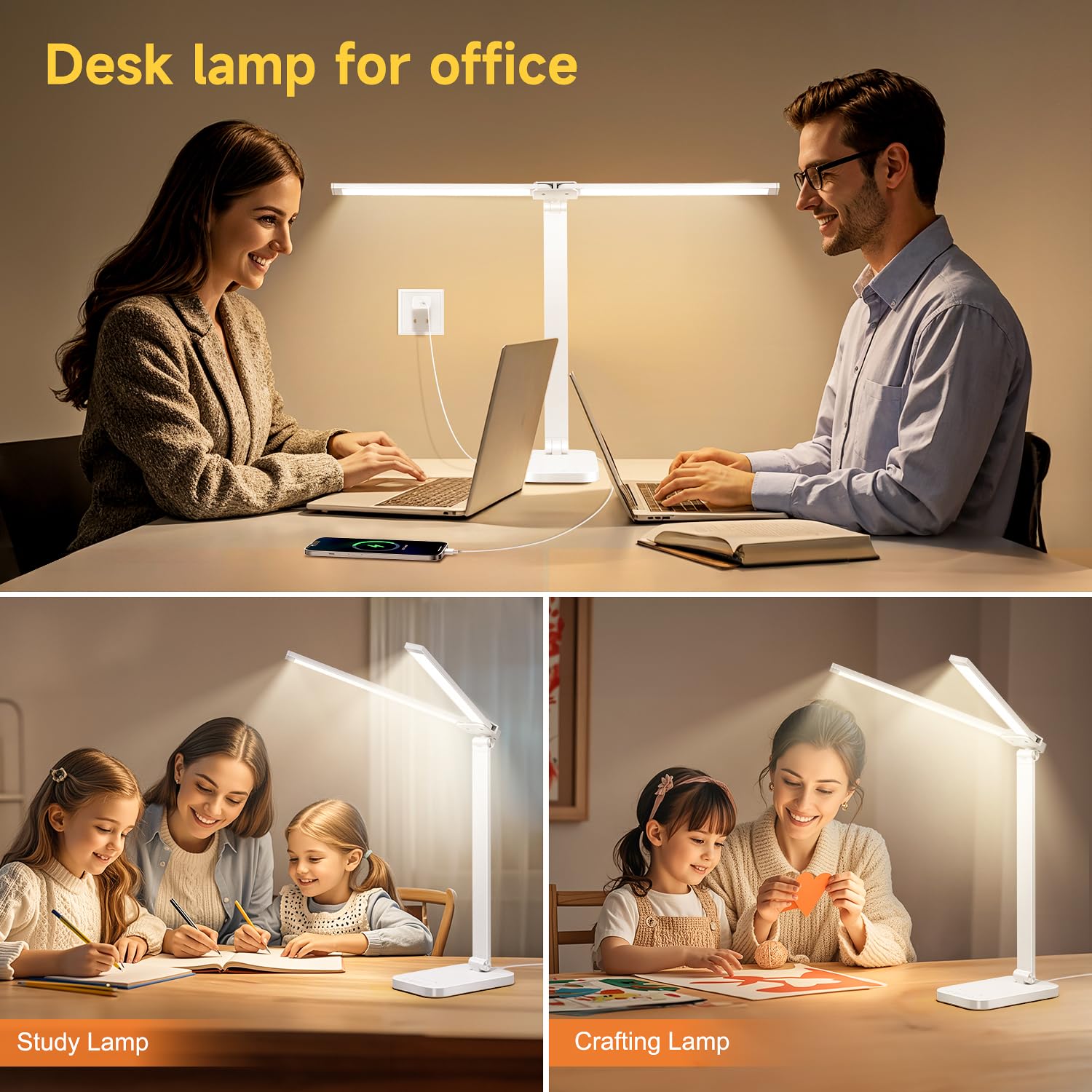 One Fire Lampe de bureau LED avec adaptateur, port de charge USB, 10 niveaux de luminosité, 5 couleurs – Lampe de bureau réglable pour bureau, chambre à coucher, table
