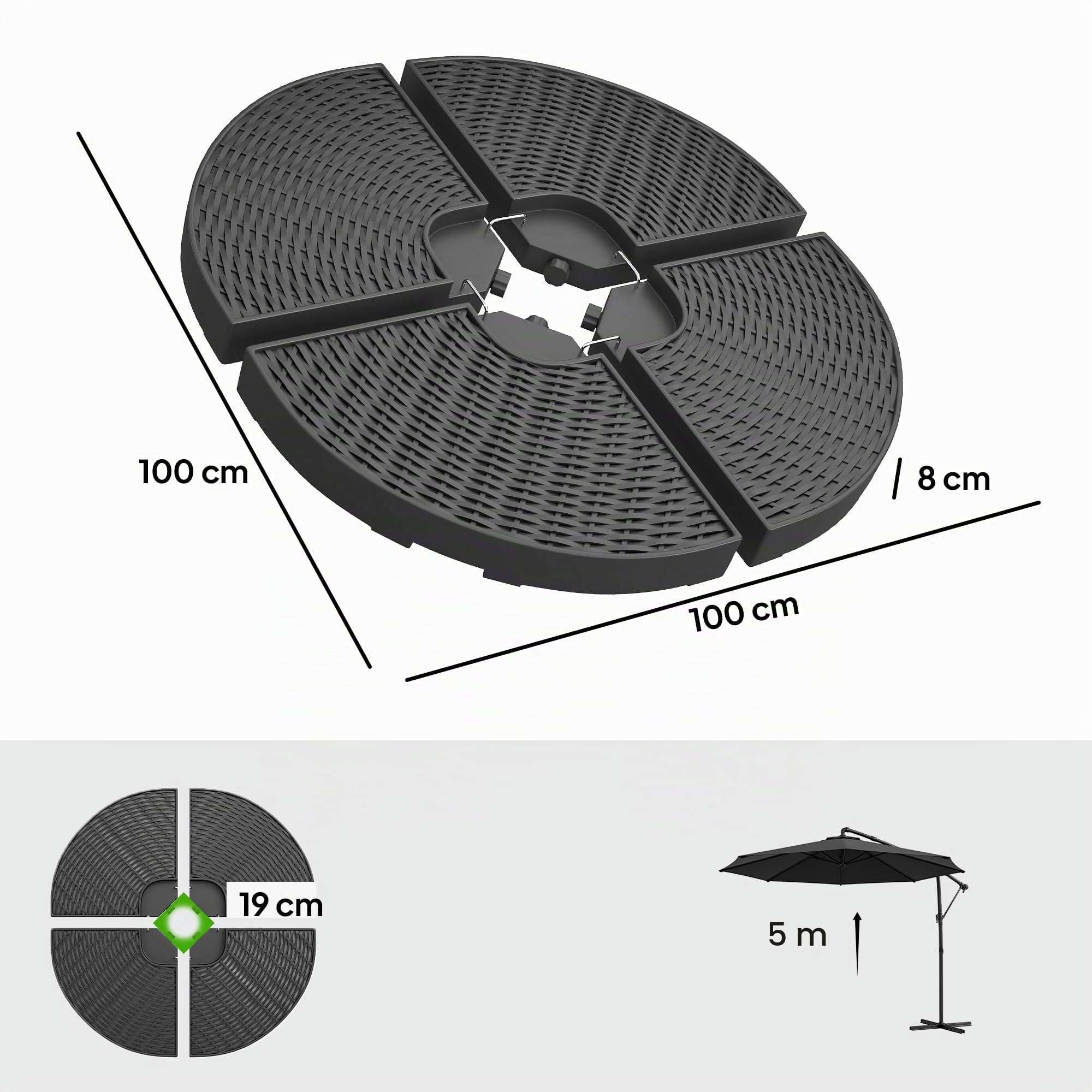 Outsunny Base para Sombrilla de 4 Piezas Rellenable con Arena 68 kg Negro | Soporte para Parasol, o Agua 52 L, para Jardín Patio Terraza