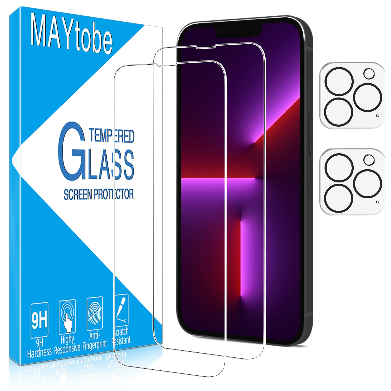 MAYtobe Protector de Pantalla para iPhone 13 Pro y Protector Camara | 2+2 Unidades Cristal Vidrio Templado Antiarañazos, Sin Burbujas, Dureza 9H, 0,33mm Ultra Transparente