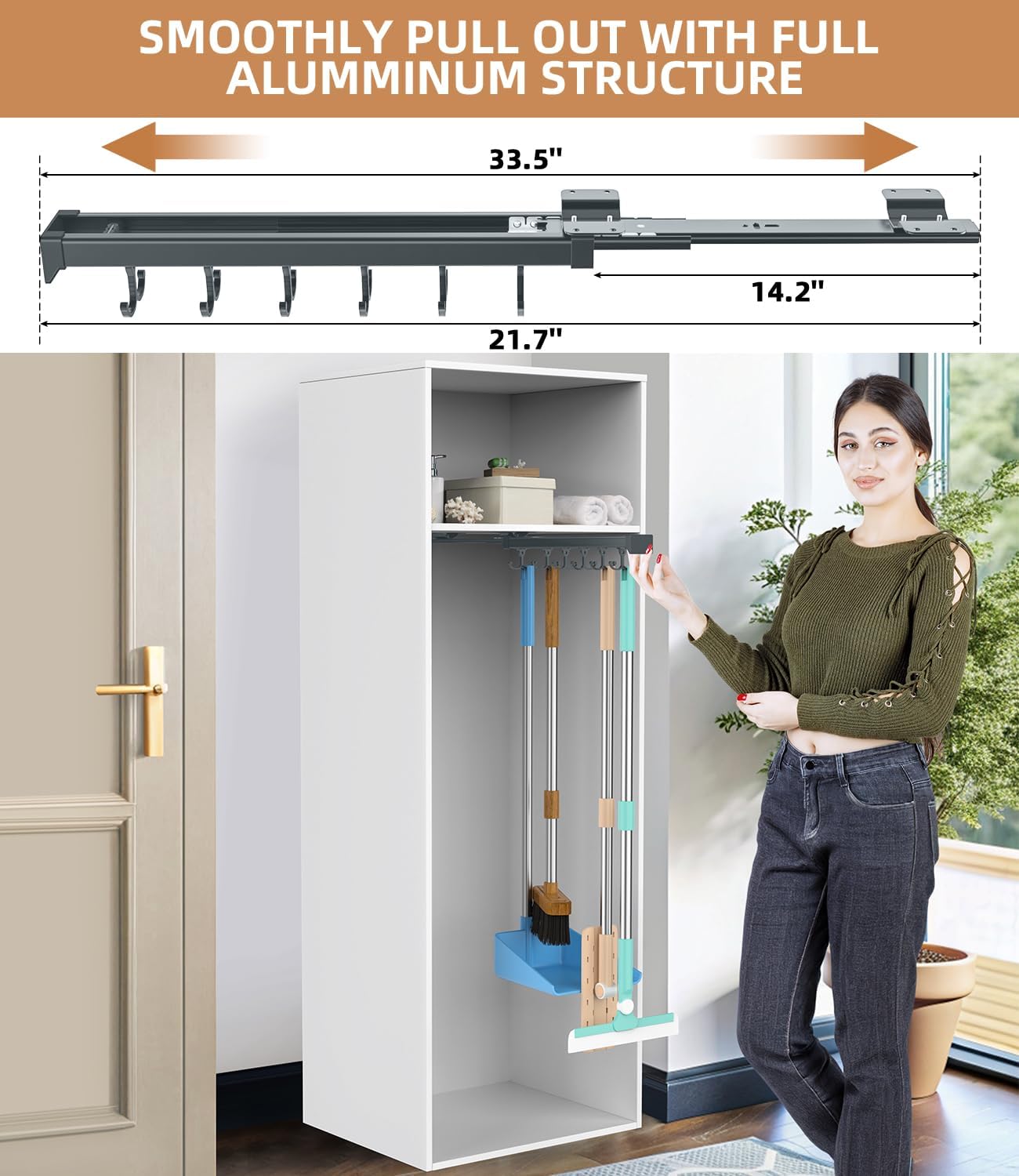 Pull Out Broom Holder, Multifunctional Slide Broom And Mop Storage/Organizer With Adjustable Double Row Sliding Hook, Garage Organization Hooks, for Closet Laundry Garage - Dark grey - 36cm