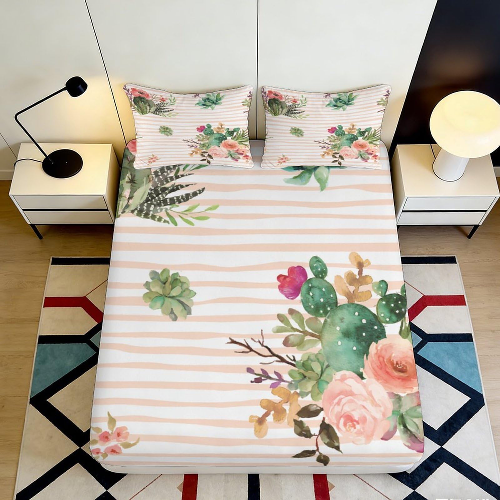 3D Printed Cactus Floral Fitted Sheet Microfiber Soft Stripe Succulent Mattress Cover for Bedroom Decor 200x200x25cm