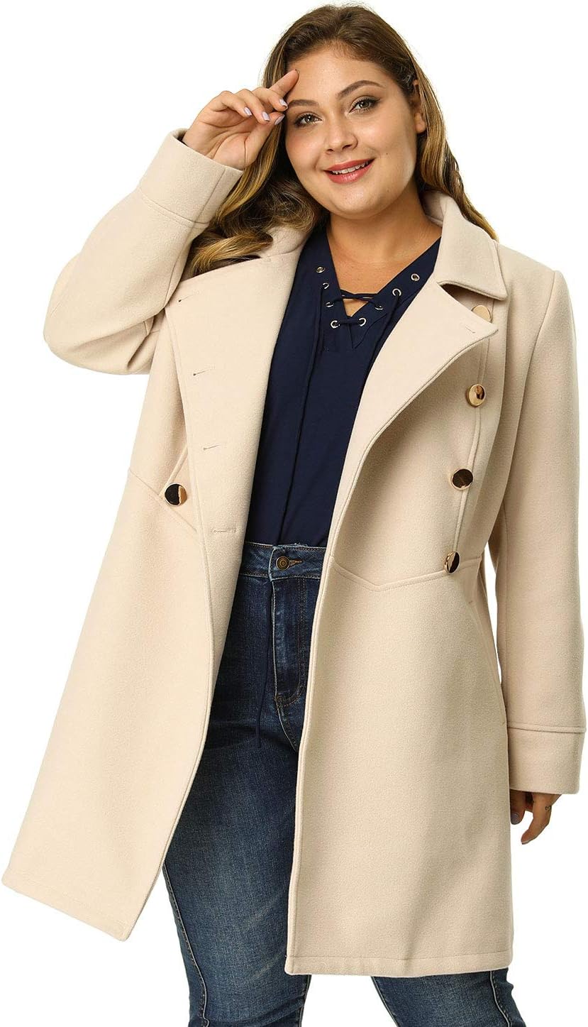 Agnes Orinda Women's Plus Size Coat A-Line Peter Pan Collar Double Breasted Fall Winter Peacoat - Image 3