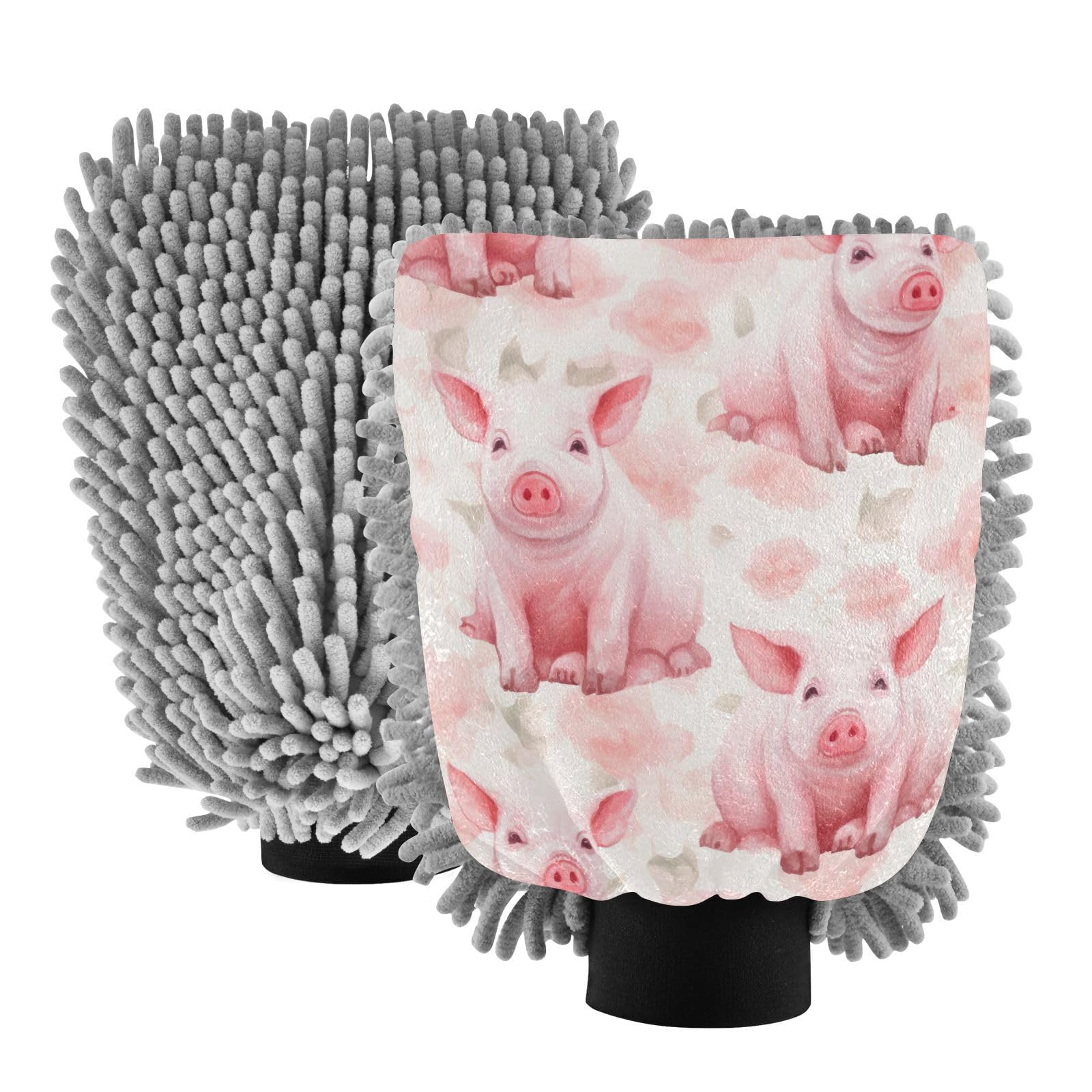 Flradish 2 Pack Cute Pig Car Wash Mitt Chenille Microfiber Lint-Free Scratch Free Ultra-Soft Absorbent Car Wash Mitt 10.2x7.09 Inch