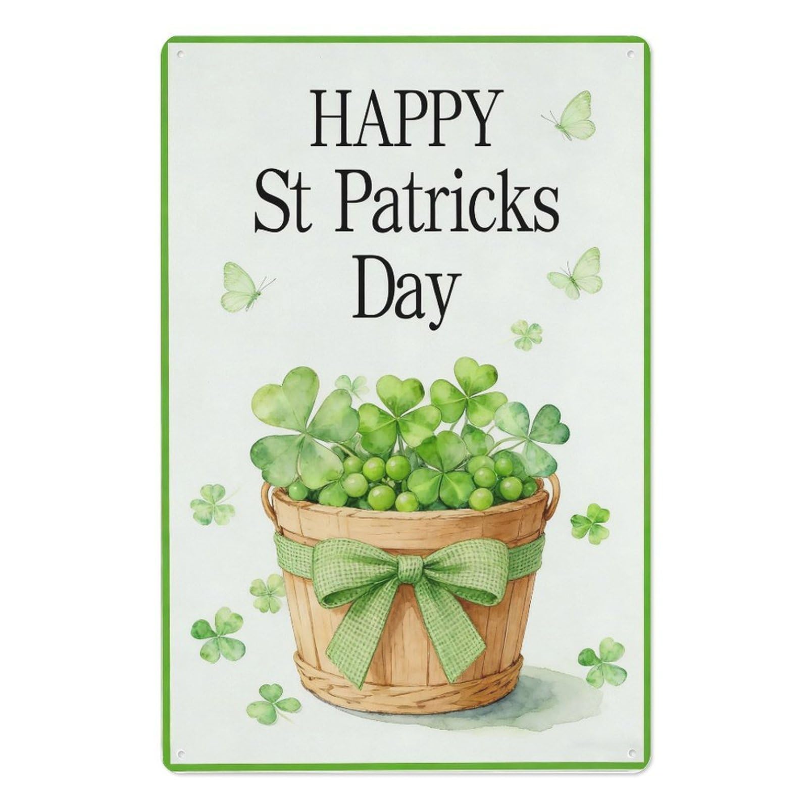 peiyeety St Patrick’s Day Metal Tin Sign 8x12 Inch, Clover Basket Butterflies Green Bow Pub Bar Wall Decor Plaque, Irish Holiday Wall Art