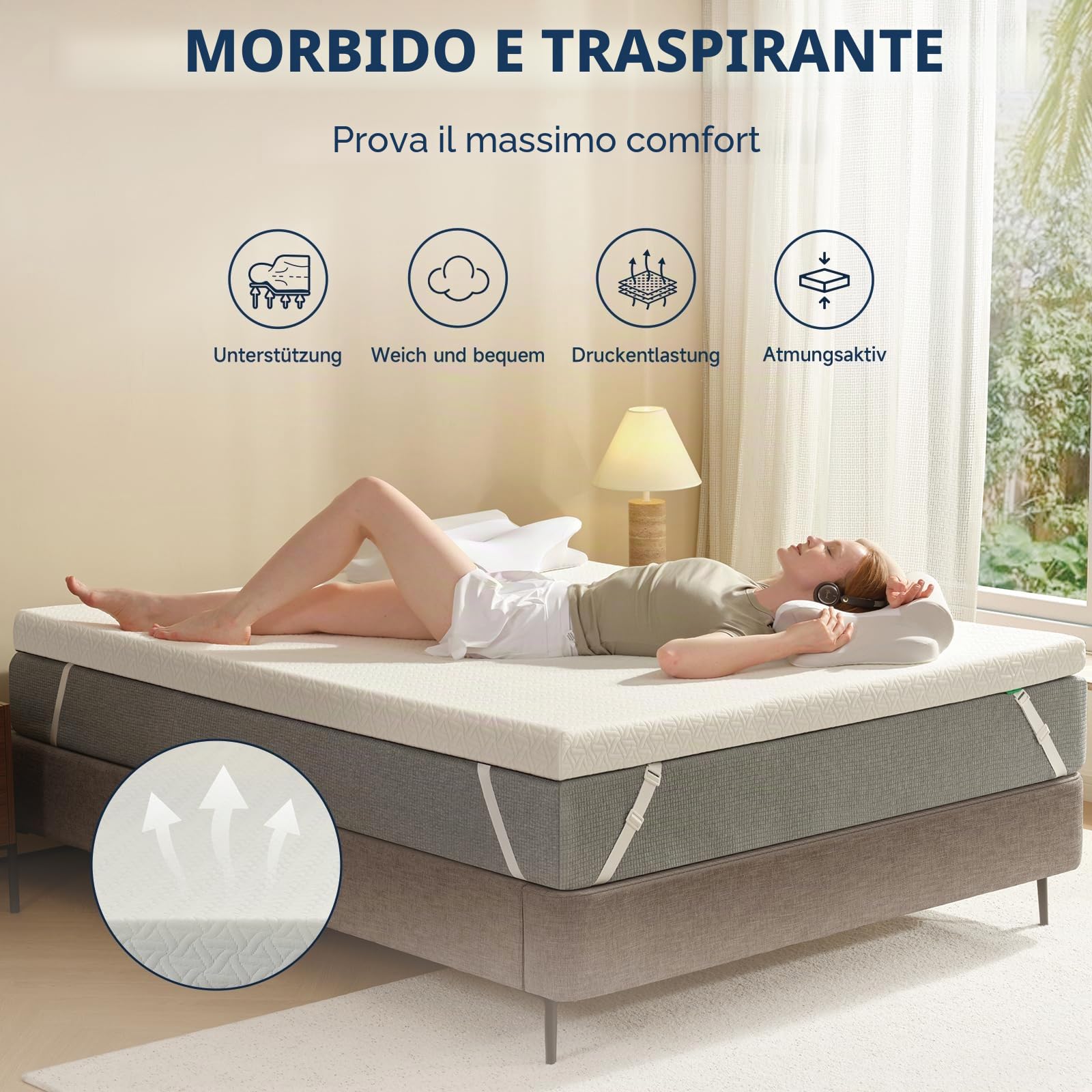 Z-hom Topper matrimoniale 90x200 Alto 8 cm, Materasso in Memory Foam con Gel, Rivestimento Esterno Sfoderabile e Lavabile, Eccellente Fascia Elastica Antiscivolo,Sfoderabile e Lavabile Oeko-TEX