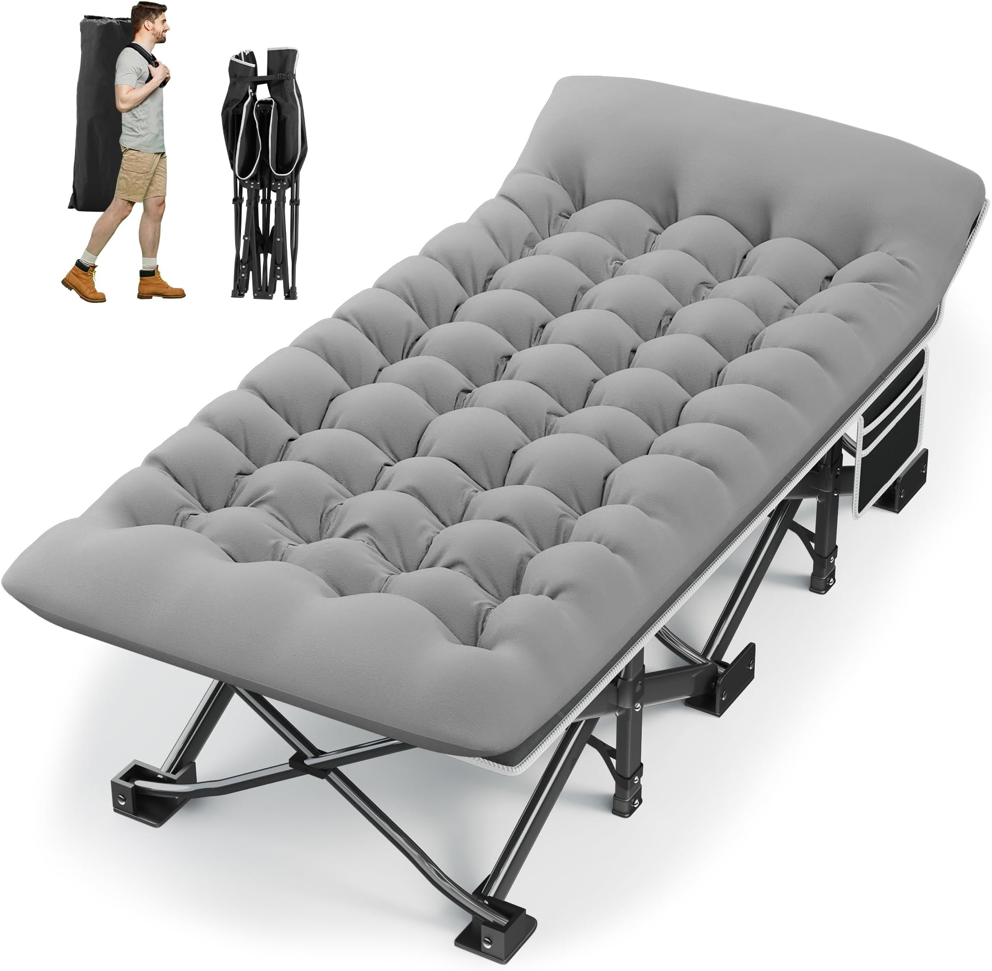 HABUTWAY Camping Cot with Mattress, 32" Extra Wide Camping Cot, Heavy Duty Sleeping Cot Holds Up to 600LBS, Folding Cot for Camping, Rv Trips, Beach, Patio, Office Naps(Grey)