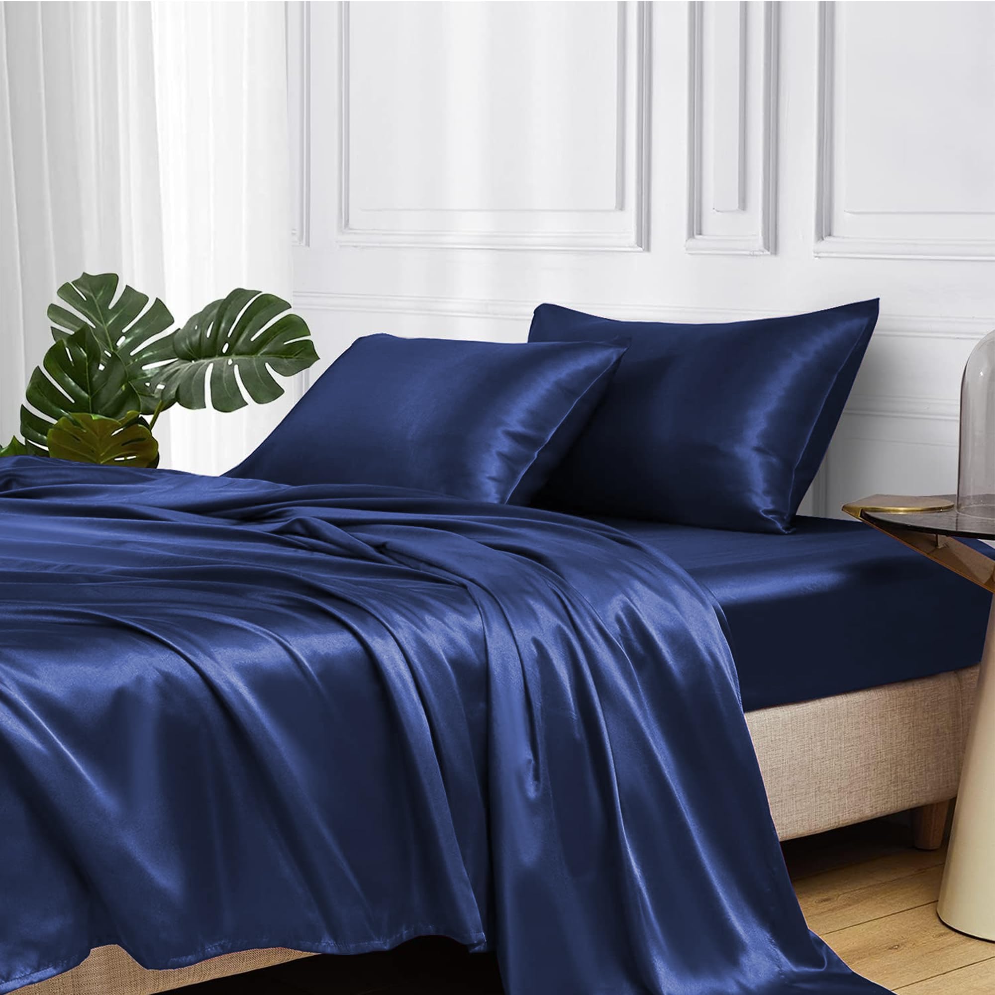 MR&HM Satin Bed Sheets Queen Size Sheet Set Silky Bedding Set with 15" Deep Pocket for Mattress (Queen, Navy Blue)