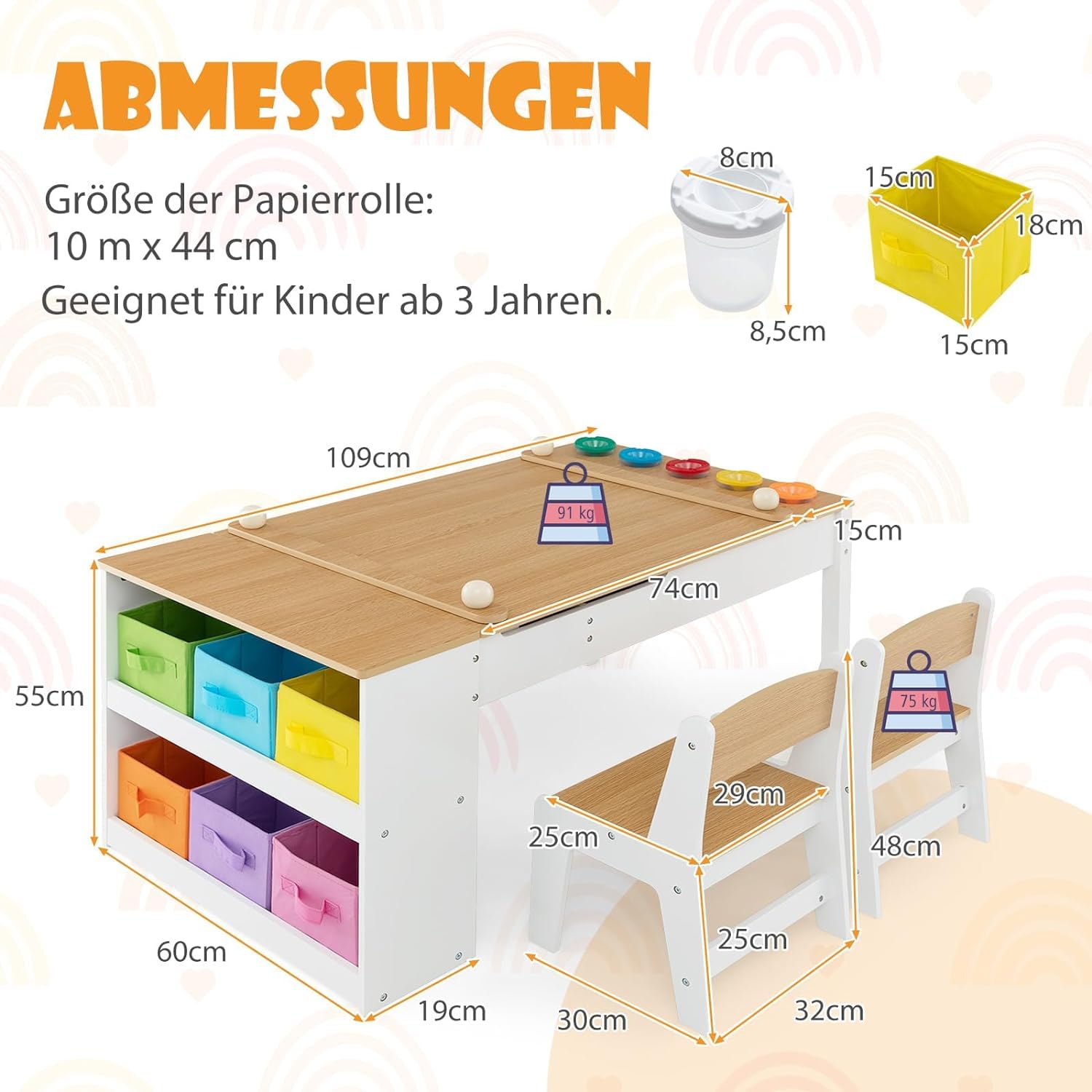 DREAMADE 3 in 1 Kindertisch mit 2 Stühlen aus Holz, Kinder Maltisch mit kippbarer Tischplatte & 6 Stoffboxen & Papierrolle, Kindersitzgruppe mit Stauraum für Kinderzimmer (Natur,mit 2 Ablagen)