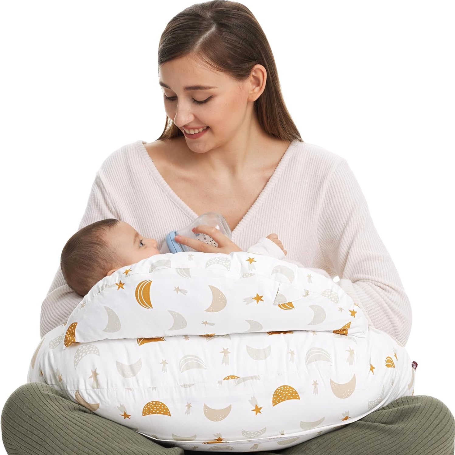 Momcozy Duża poduszka do karmienia z obramowaniem bezpieczeństwa – ergonomiczna poduszka do karmienia i pozycjonowania z regulowanym paskiem i zdejmowaną bawełnianą poszewką, gwiazdy i księżyc