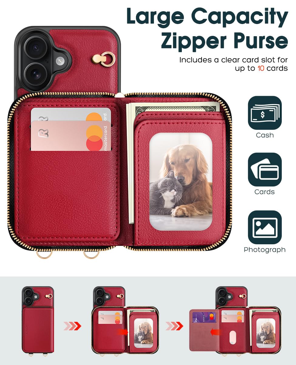 OCASE Hoesje voor iPhone 16, PU-lederen crossbody portemonneehoesje met rits en polsband, kickstand, RFID-blokkerende kaartsleuven, schokbestendig telefoonhoesje voor 6,1 inch iPhone 16, zwart OCASE Hoesje voor iPhone 16, PU-lederen crossbody portemonneehoesje met rits en polsband, kickstand, RFID-blokkerende kaartsleuven, schokbestendig telefoonhoesje voor 6,1 inch iPhone 16, zwart