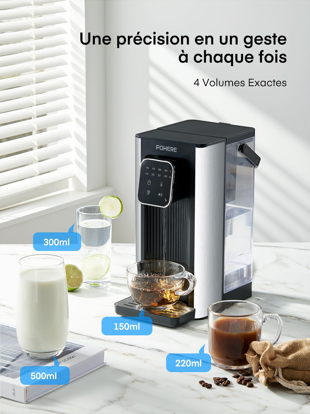 Distributeur d'eau Chaude, 2600 W, Eau Chaude en Quelques Secondes, 4 Niveaux de Température, 4 Quantités d'eau, Réservoir de 2,5 l, Compact et économe en énergie, écran tactile Numérique