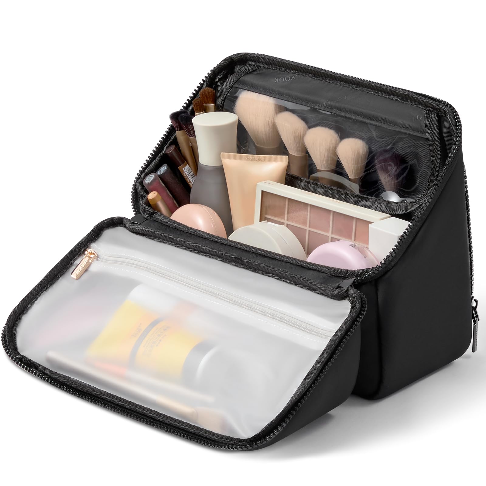 LOVEVOOK Kosmetiktasche Damen, Kulturtasche groß, Schminktasche Organizer | Waschmaschinenfeste, Stehende Make-up Tasche inklusive 180°-Öffnung & TPU-Pinselfach mit Staubschutz, Reise & Alltag, Schwarz