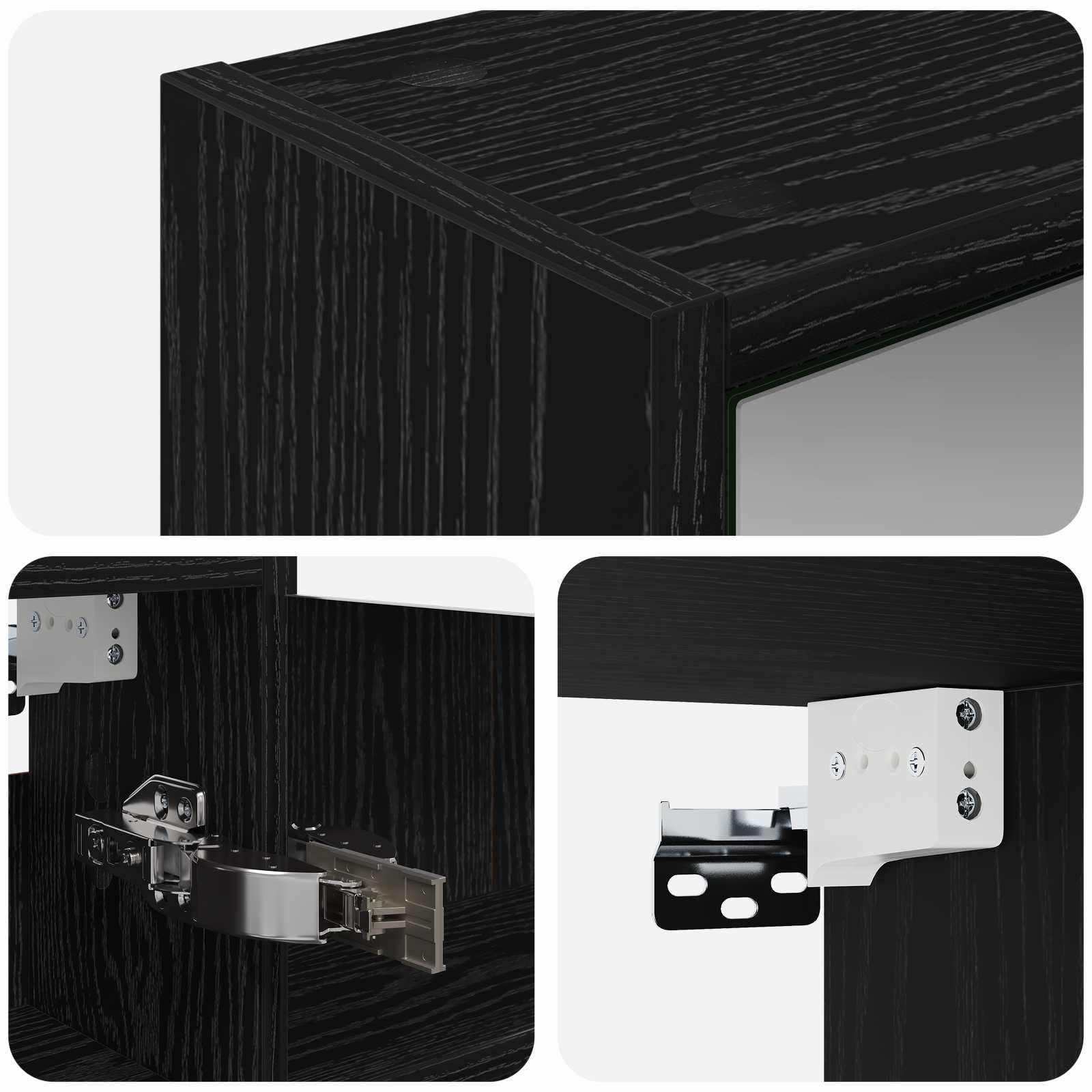 Armadietto da bagno a specchio nero effetto rovere, 43 x 16 x 62,5 cm, in legno con specchio bidirezionale e ripiani regolabili, montaggio a parete per mobili da bagno, portaoggetti