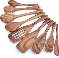 Vista 12 de Juego de 9 piezas de utensilios de cocina - Cucharas de madera para cocinar, utensilios de madera de teca natural - Incluye cucharas de madera