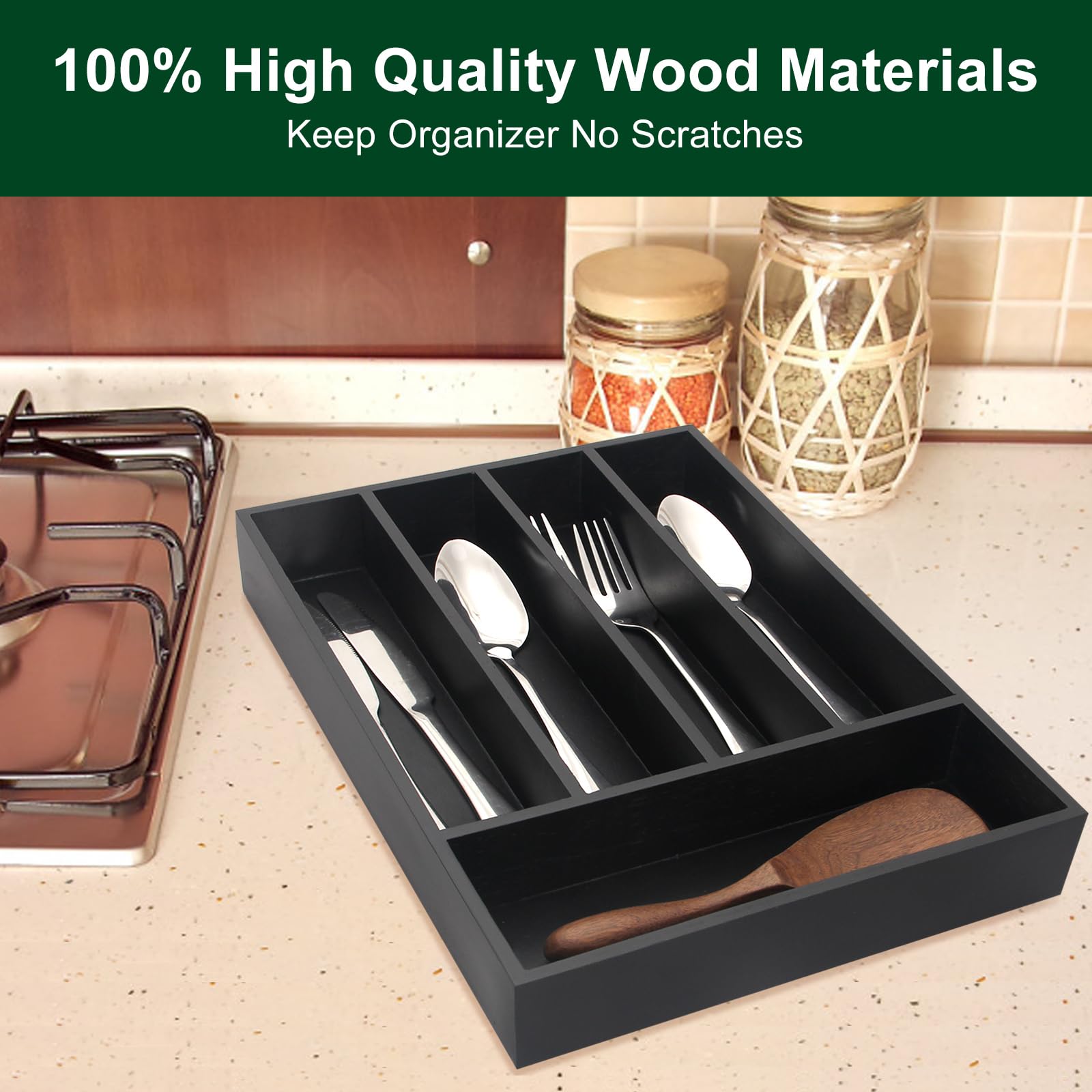 Ayiaren Organizador de cubiertos de cocina pequeño, organizador de cajones de utensilios de madera, bandeja estrecha de cubiertos de madera, organizador de cubiertos para cajón, cuchara, organizador
