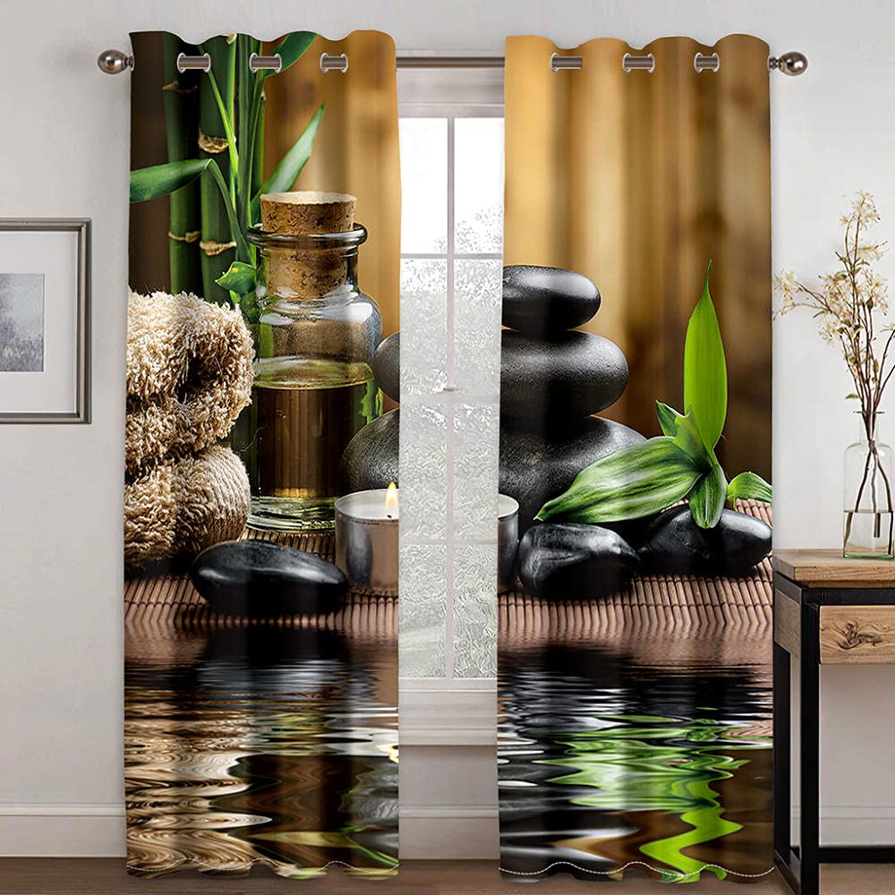 Rideau Occultant 2 Pièces 220 x 210cm avec Œillets Double - Anthracite Opaque - Motif 3D Plante de Bambou Vert Zen - pour Salon et Chambre