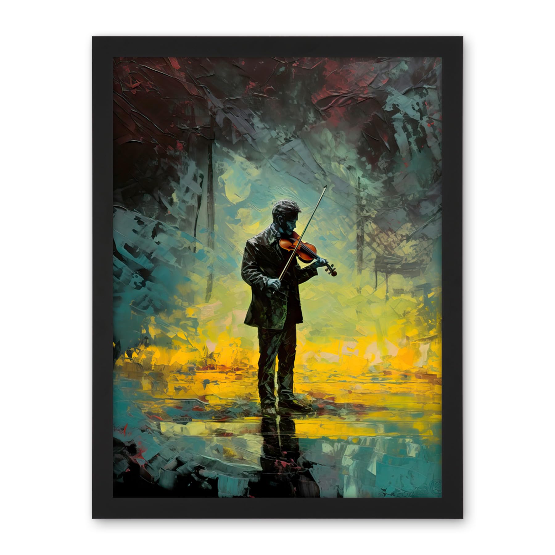 Artery8 Street Musician Playing Violin After the Rain Artwork Framed Wall Art Print 18X24 Inch