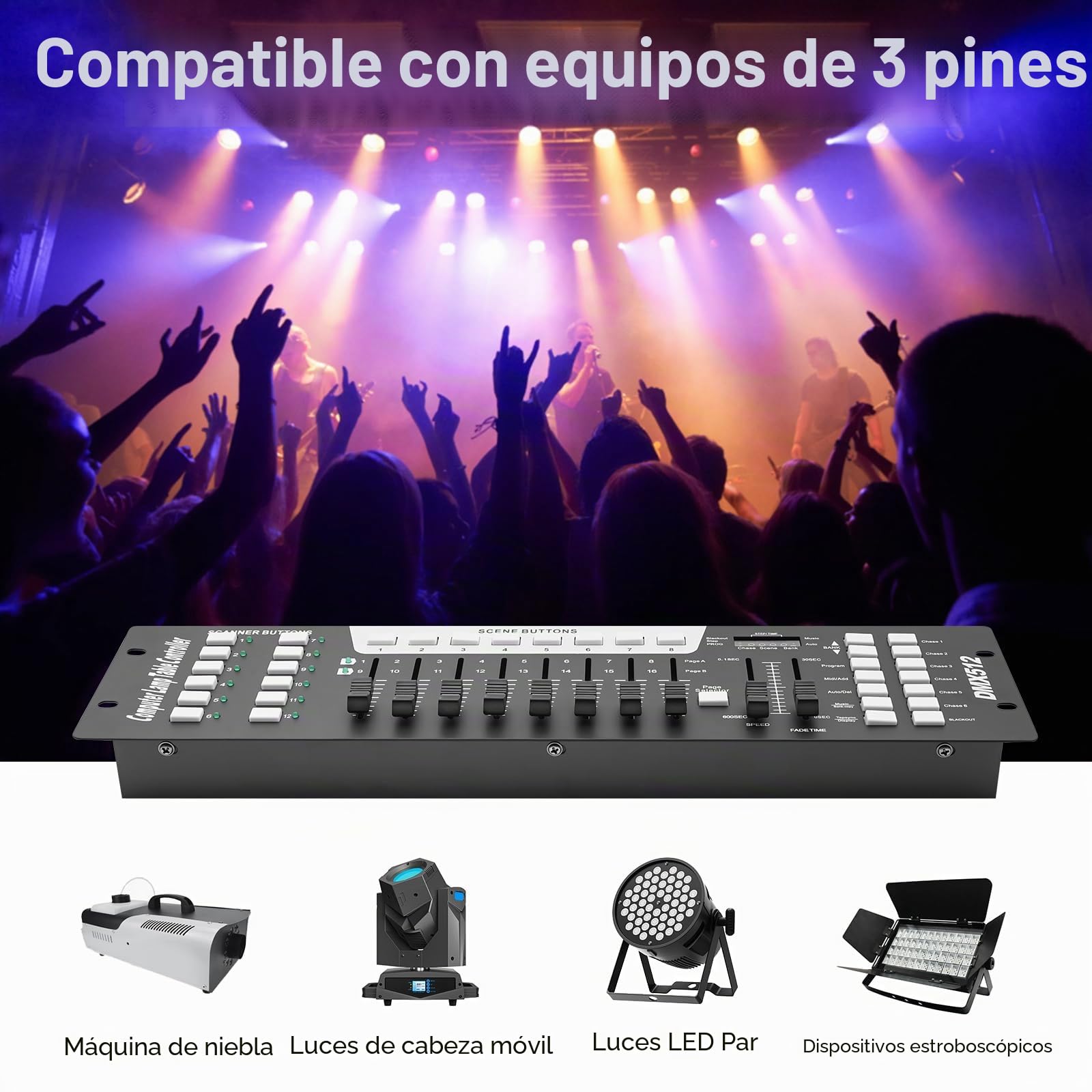DMX Controlador DMX 512 Consola para iluminación de escenario, 192 canales, consola de 240 escenas para 6 unidades, tablero de luz DMX fiesta, DJ Disco Moving Head Luz escenario lámpara operador