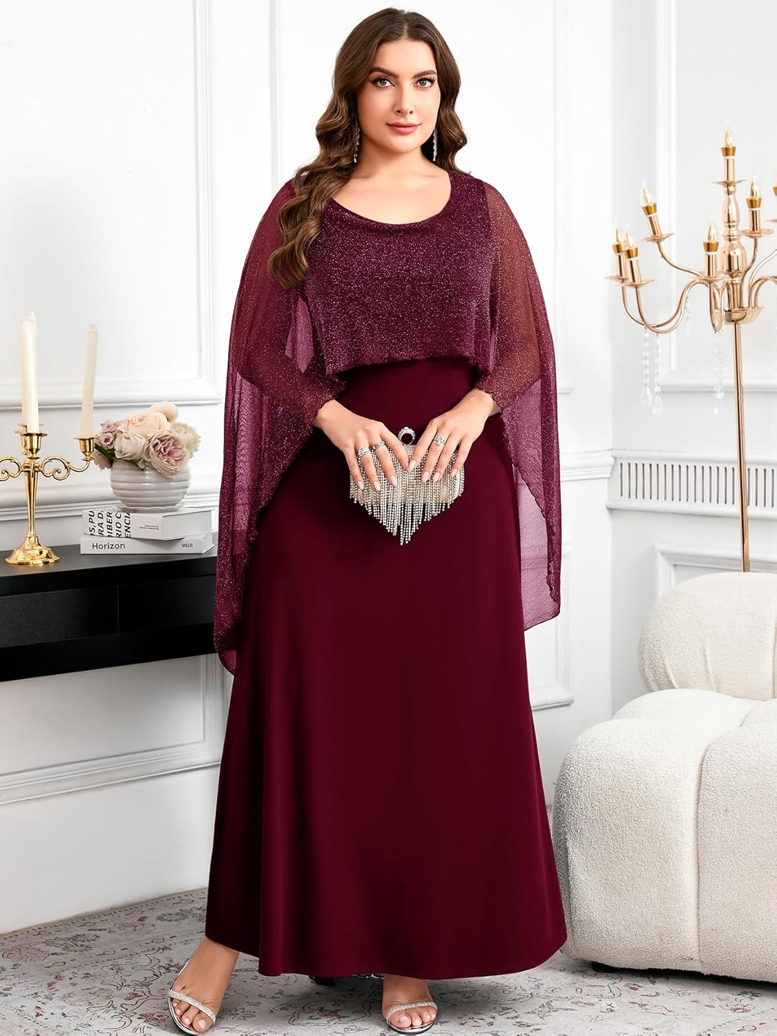 CYCLAMEN Plus Size Evening Gown with Sparkly Cape Overlay Elegant A Line Mother of The Bride Dress for Wedding Guest - Image 3