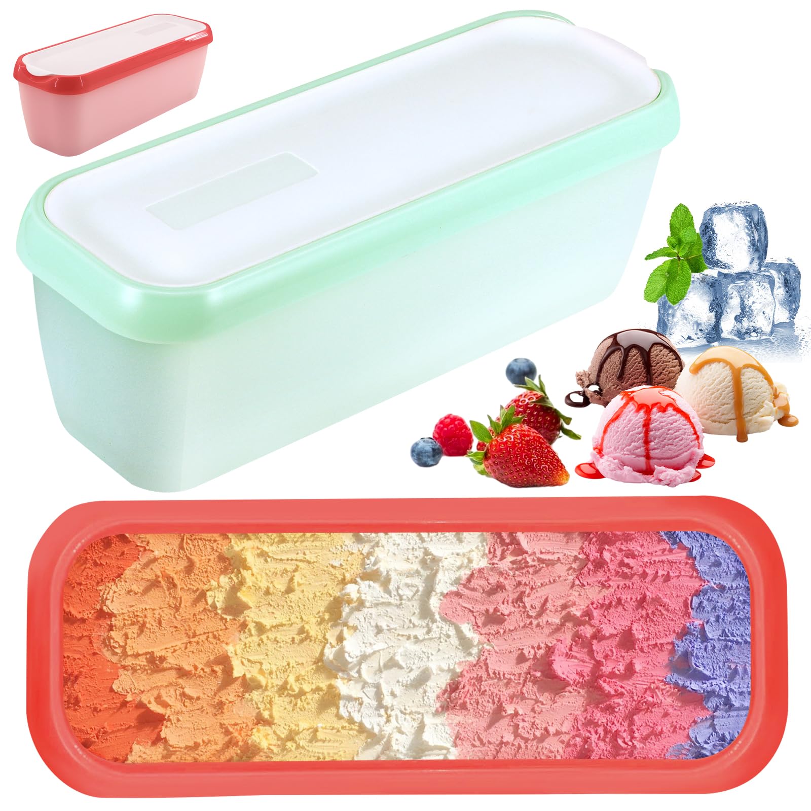 Lot de 2 bac a glace maison, 1,5 L boîte pour glace maison, Récipients Réutilisables pour la Crème Glacée faite Maison, Sans BPA en qualité alimentaire (vert+rouge clair)