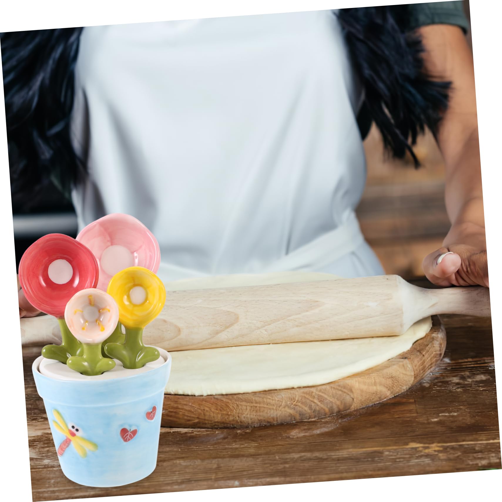 1juego Cuchara De Medición De Cerámica Diseño De Flor Utensilio De Cocina Para Ingredientes Incluye Base y Medidas Precisas Para Repostería y Cocción