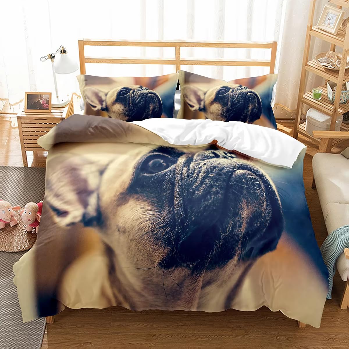 Housse de Couette Bouledogue Français Anti-Plis avec Fermeture Éclair