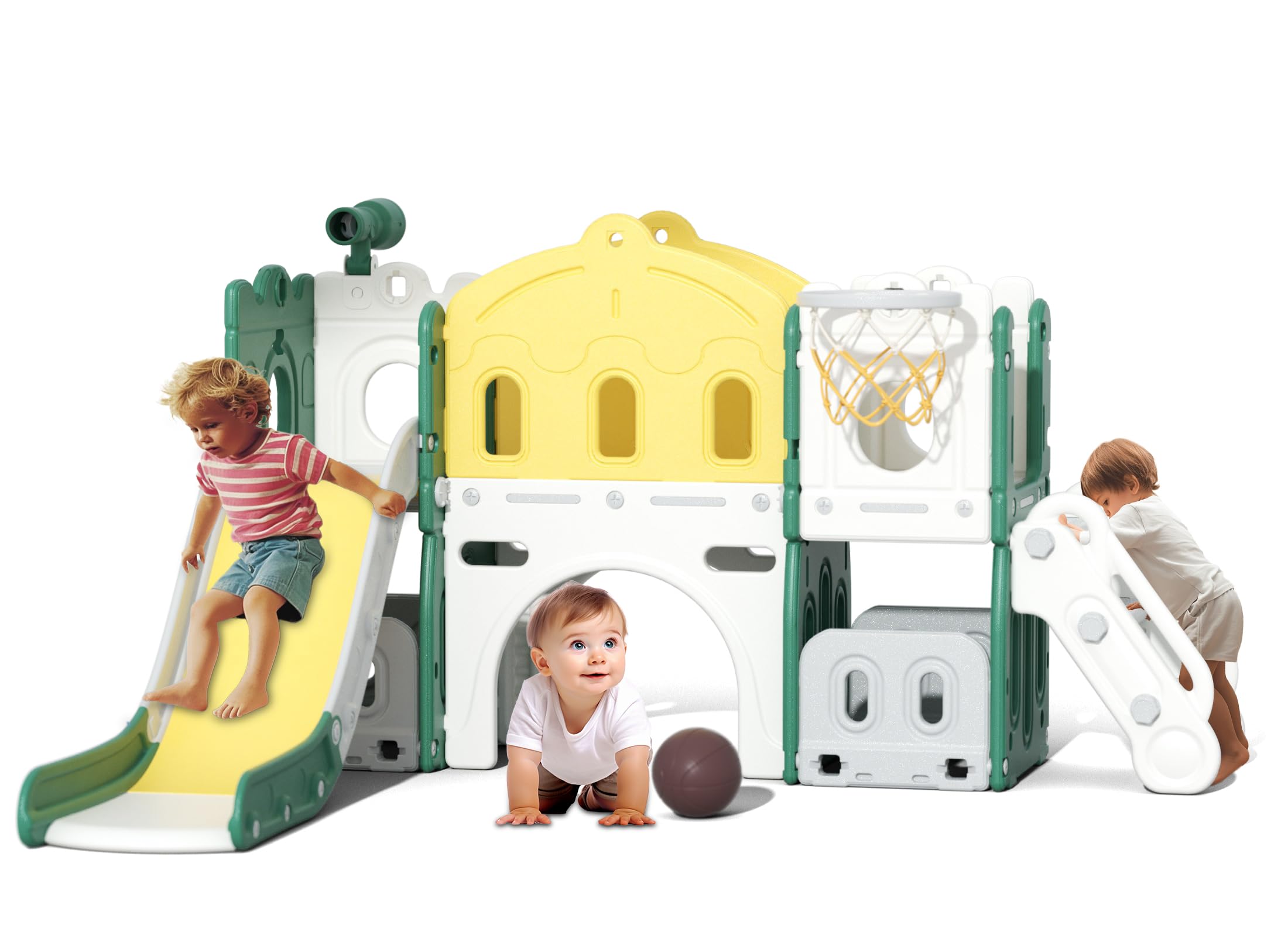 Glaf 8 in 1 Toddler Slide Kids Slide Climber Playset Toddler Outdoor Indoor Slide Playset with Basketball Hoop Tunnel and Storage Space Playground Kids Slide for Toddler Age 1+ (Green)
