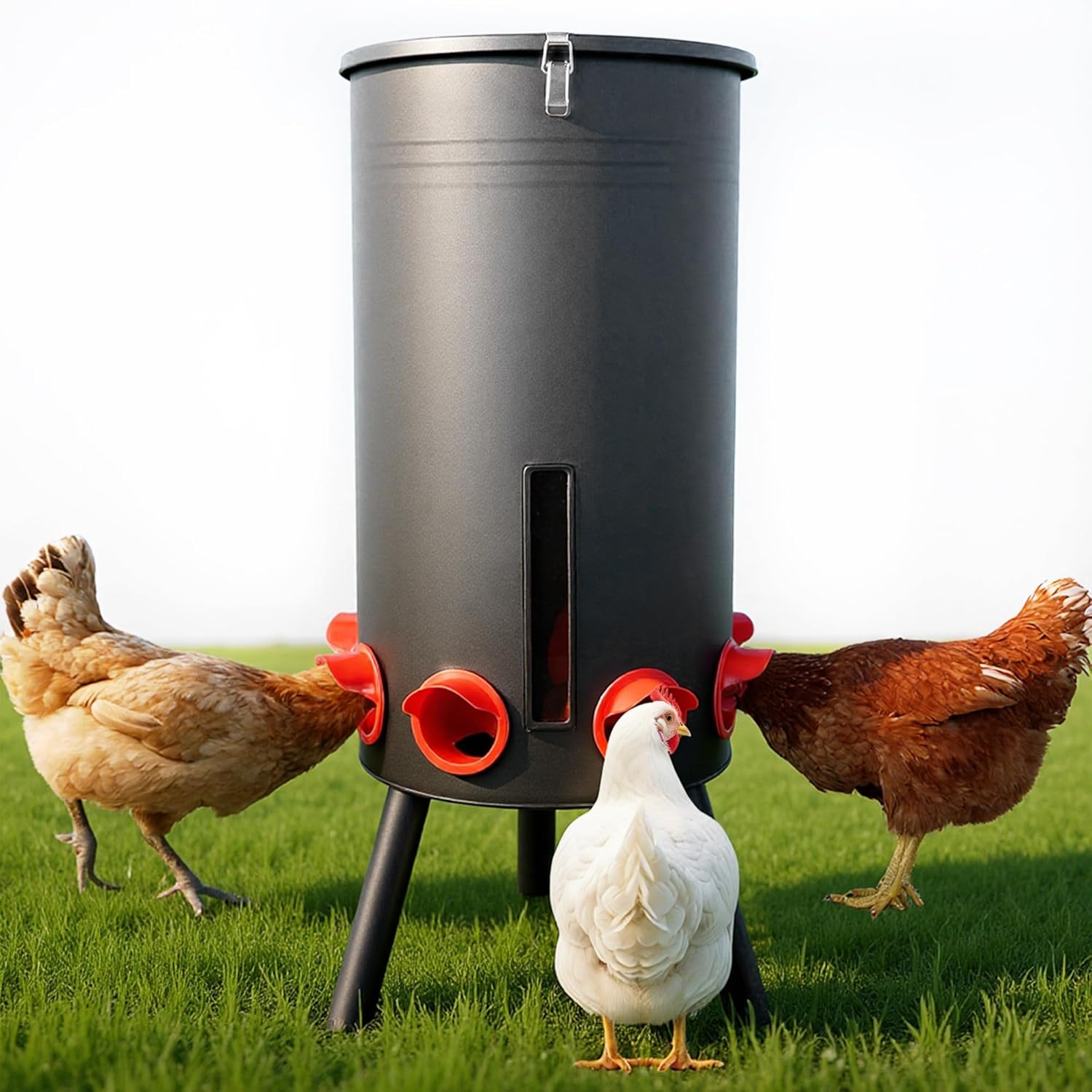 KOL 75 LB Large Free Standing Chicken Feeder, Portable Gravity Chicken Feeder Automatic, Dispenser, 8 Feeding Ports Poultry Feeder for Chicken Rooster & Hen (Black)