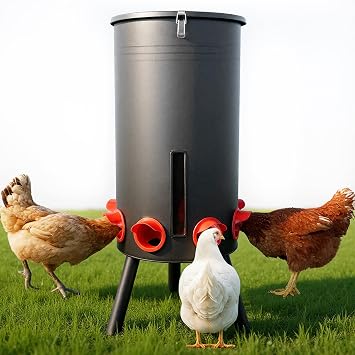 KOL 75 LB Large Free Standing Chicken Feeder, Portable Gravity Chicken Feeder Automatic, Dispenser, 8 Feeding Ports Poultry Feeder for Chicken Rooster & Hen Black