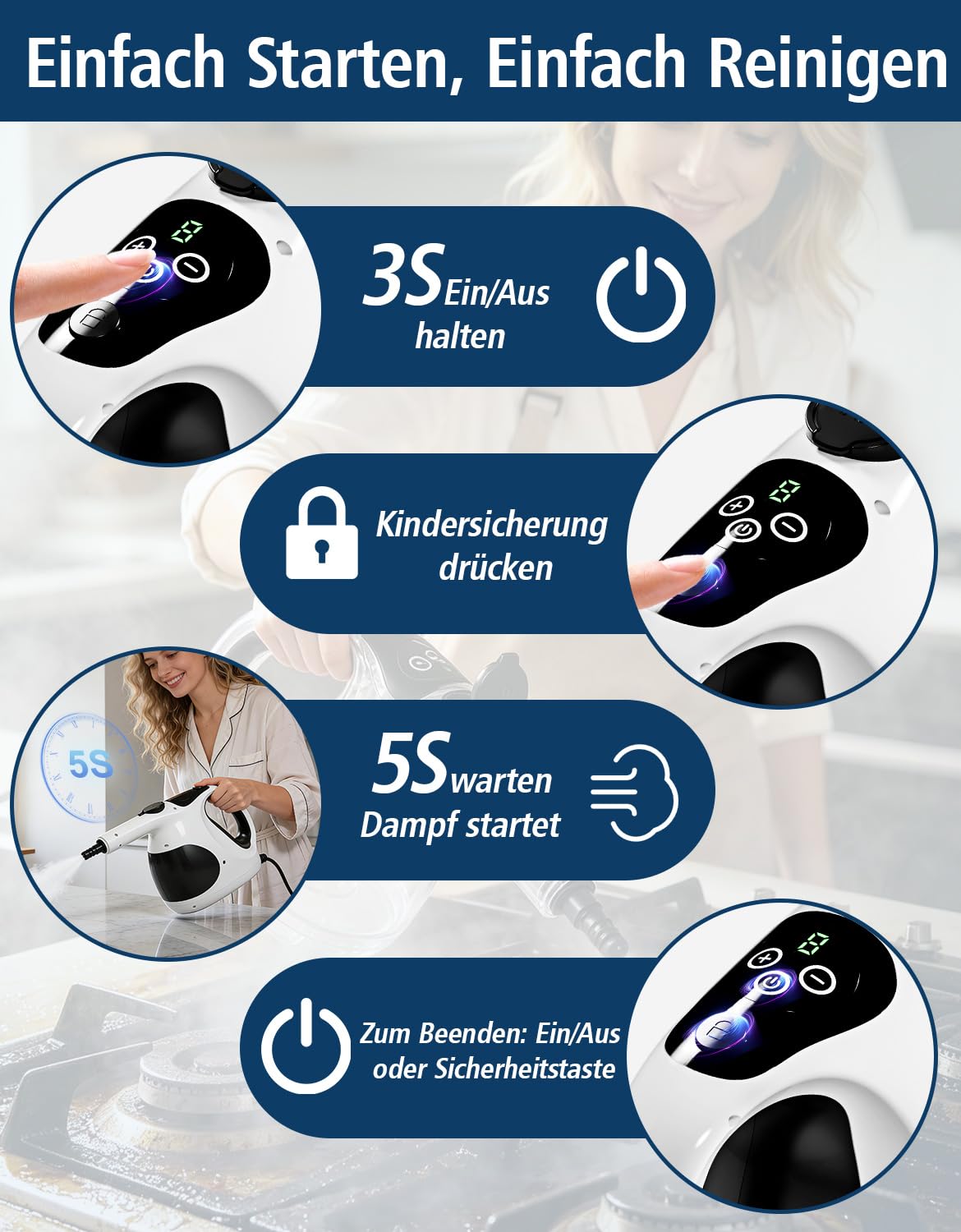 Limpiador de Vapor 1200W, Calentamiento en 5S, 3 Modos | Depósito 400ml, recarga continua, 105°C, control con 1 botón, sin productos químicos, 10 accesorios