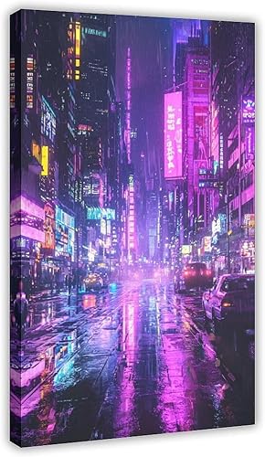 XAHOR Cyberpunk Cityscape Wall Art  Retro Futuristic Neon Night Print  Vibrant Sci-Fi Urban Canvas Decor Poster for Room Aesthetics Canvas Wall Art