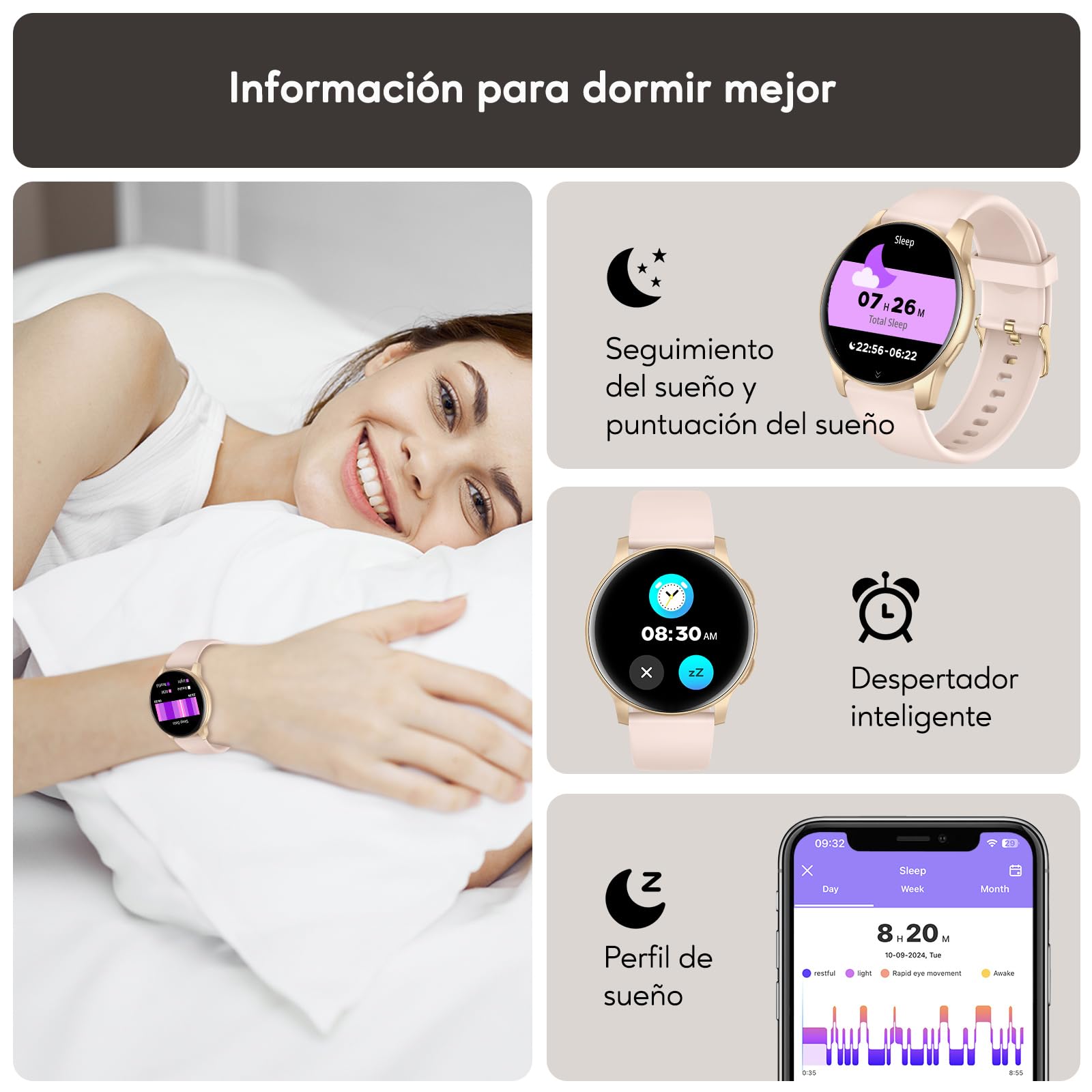 AcclaFit Reloj Inteligente Hombre Mujer con Llamadas Bluetooth, Smartwatch Esfera Redonda 1,38" con 147+ Modos Deportivos, Pulsómetro, Monitor de Sueño, IP68 Impermeable, Compatible con Android iOS — view 4