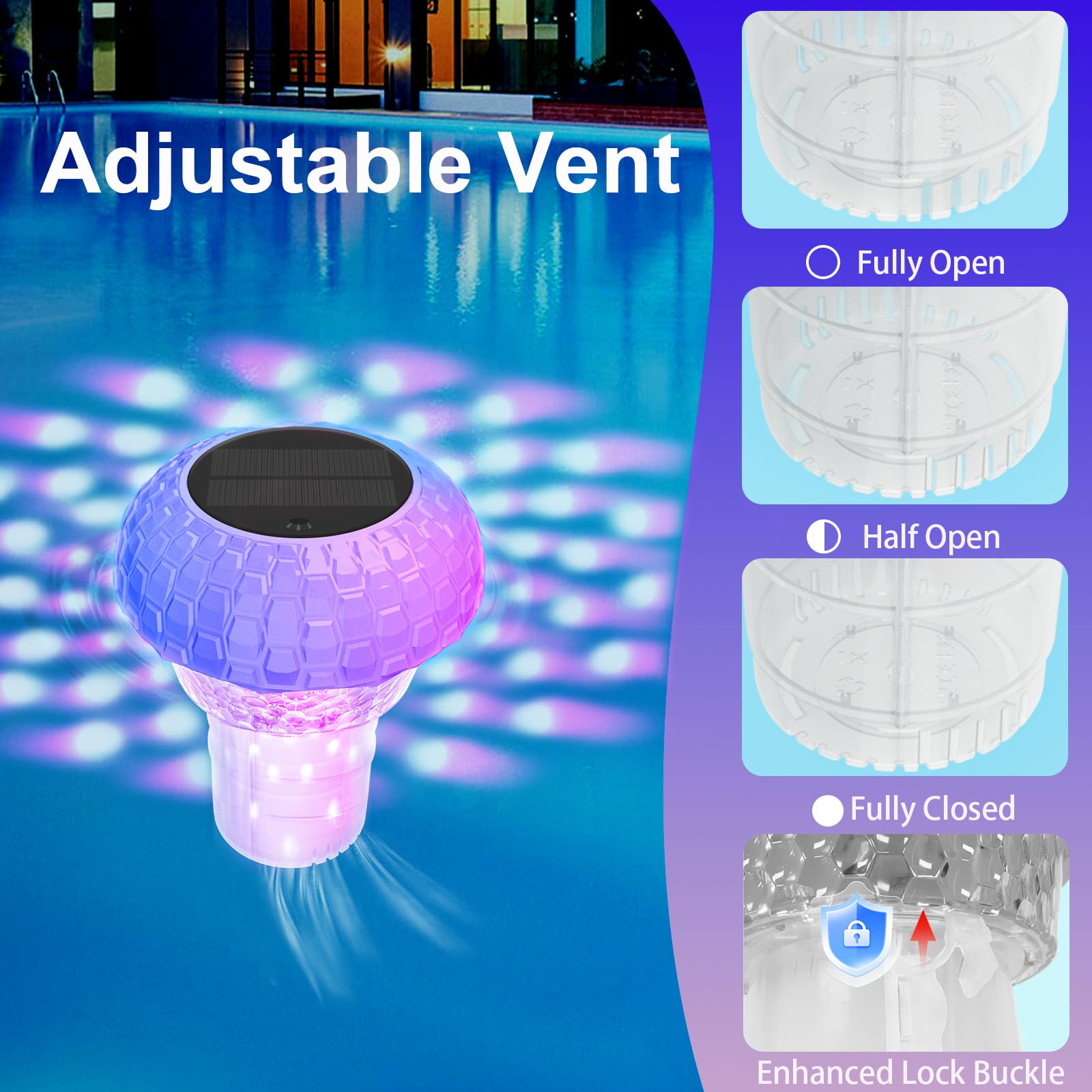 Distributeur de Chlore Flottant avec Lumière Solaire LED, Diffuseur Chlore Piscine avec Contrôle par Bouton Flotteur, Télécommande, Libération Réglable & Ouverture，Flotteur Piscine Chlore