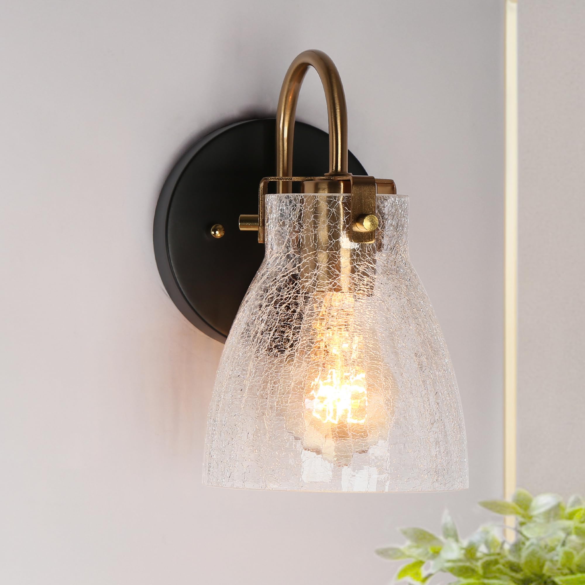 GEPOW Wall Sconces, Black Gold Modern Sconces Wall Lighting with Cracked Glass Shade, Brass Bathroom Wall Mount Light Sconces for Bedrooms, Living Room, Kitchen, Stairway