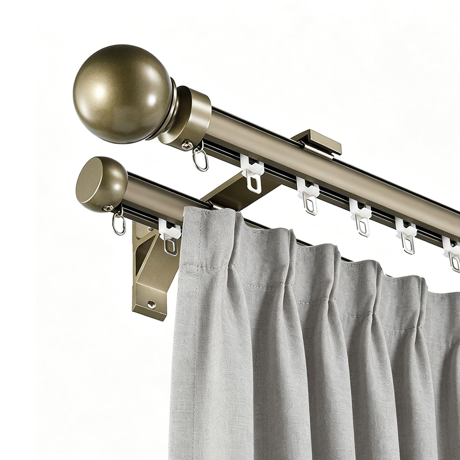 Jixcjhj Champagne Double Curtain Track For Windows, Wall Mounted Silent Heavy-Duty Aluminum Curtain Rail Rod Decorative Round Finials For Living Room, Bedroom, Office(,1M/3.3Ft)