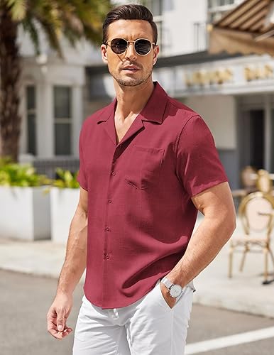 Miniatura 2 de COOFANDY Men Linen Shirts Beach Cuban Collar Shirts Summer Wedding Shirts Vacation Holiday