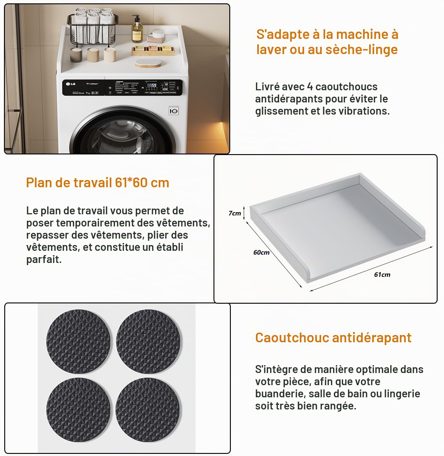 MSFE Comptoir pour Lave Linge 61 x 60 x 7 cm, Plan de Travail pour Machine à Laver, Housse de Machine à Laver pour Rangement Aménagement Buanderie, Protégez le dessus de la machine à laver