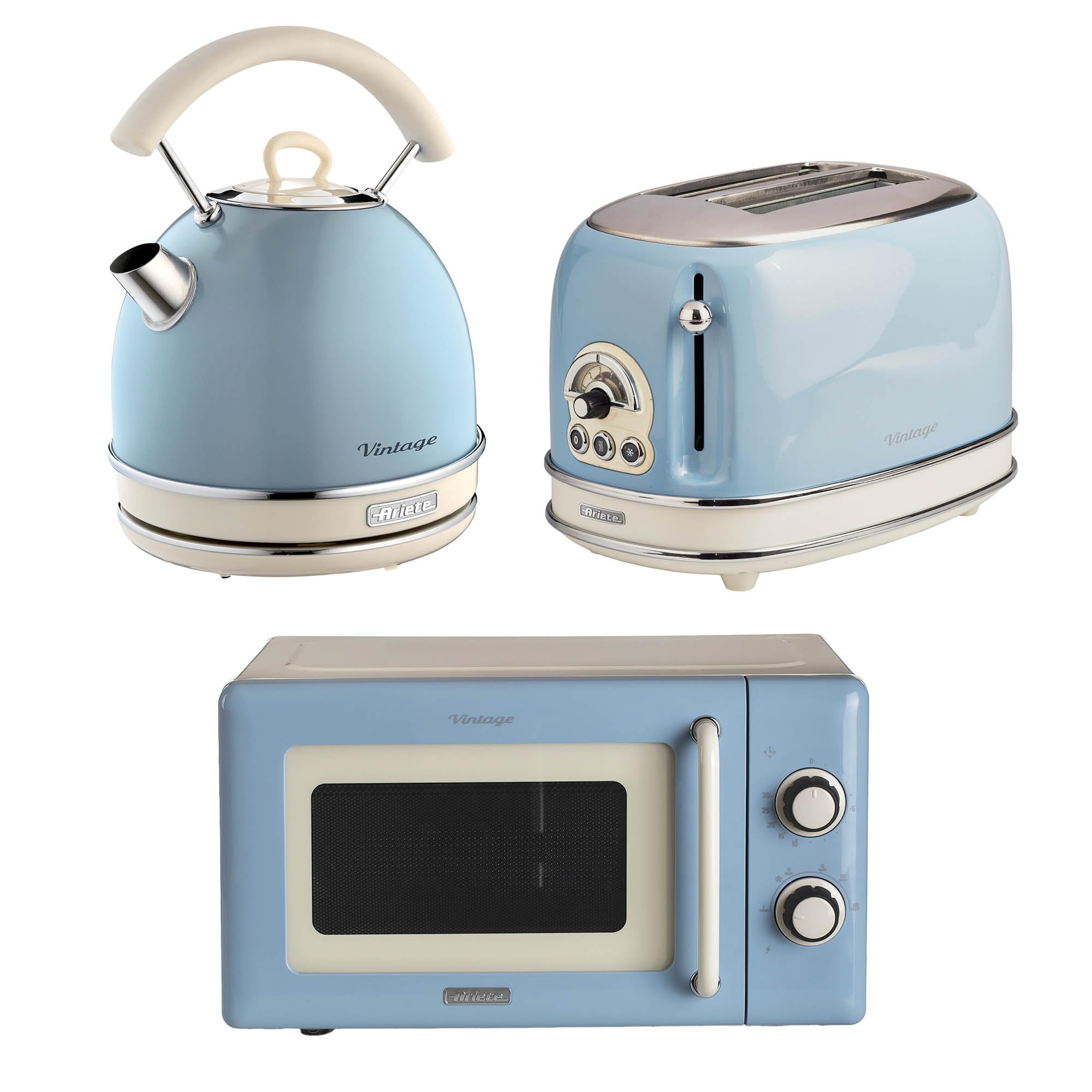 Ariete Vintage Breakfast Set, Retro 2-Slice Toaster with 6 Browning Levels, 2000W Fast-Boil Kettle & 800W Microwave, Blue