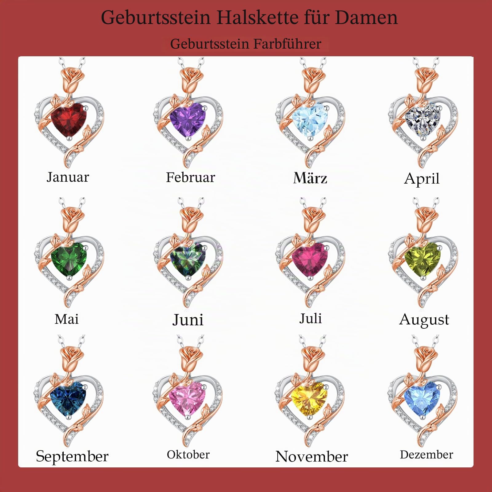Halskette Damen Silber mit Rose Anhänger Geburtsstein Kette Schmuck Damen Geschenke für Frauen Freundin Mutter Hochzeitstag Muttertag Jahrestag Weihnachten Valentinstag Geburtstagsgeschenk