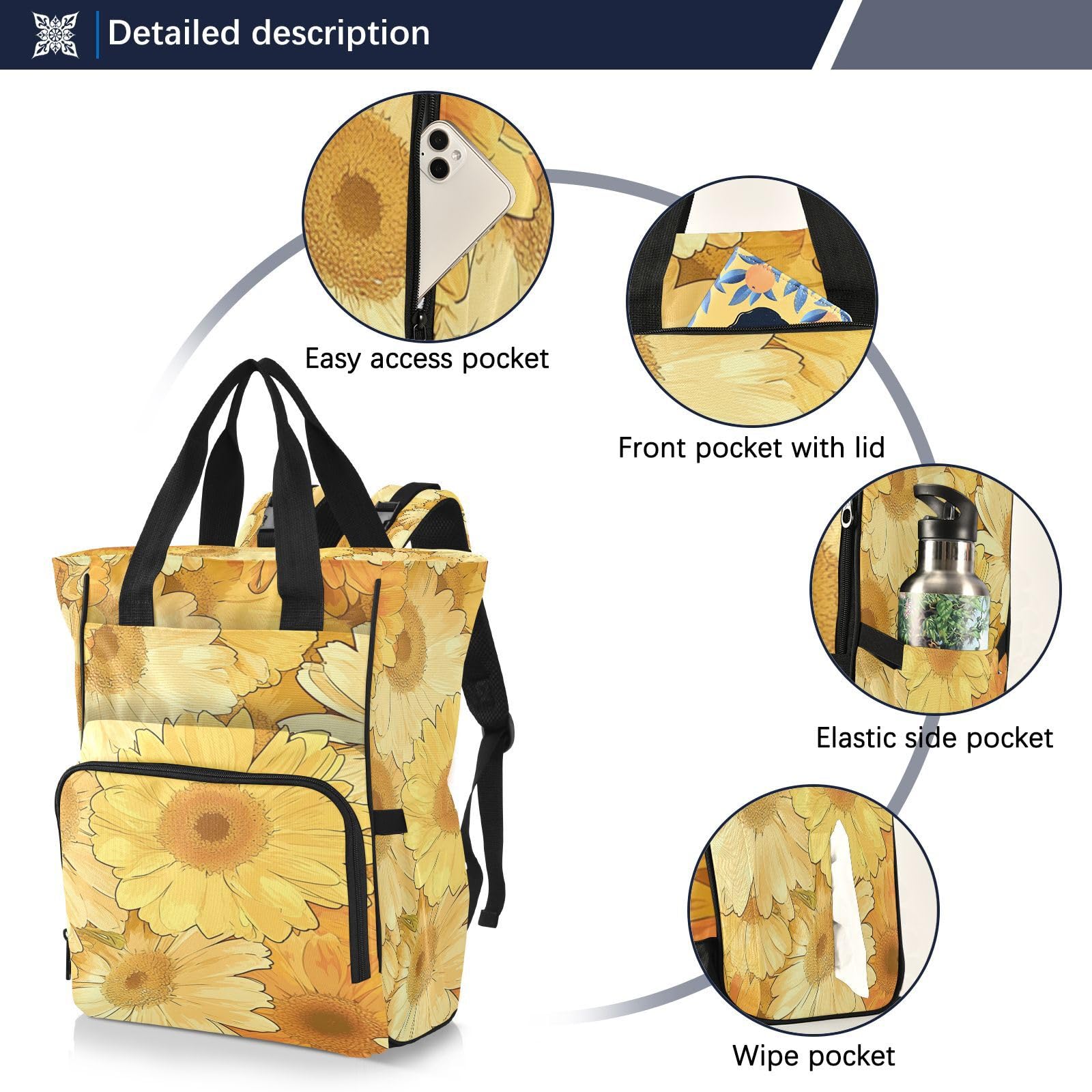 Girasol De La Pintura Del Arte Mochilas de Pañales para Gran Capacidad Pañal Bolso Mochila para Viajar al Aire Libre Mamá y Papá
