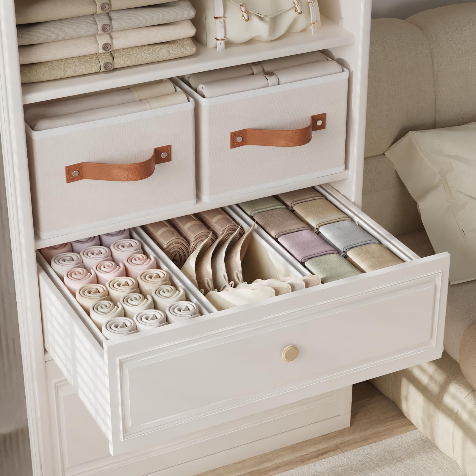 OUTBROS 6 Stück Aufbewahrungskörbe, 38x15.5x13cm Faltboxen, Beige | Aufbewahrungsbox Stoff, Boxen Aufbewahrung mit Griff Ordnungsboxen, Kleiderschrank organizer, Schubladen