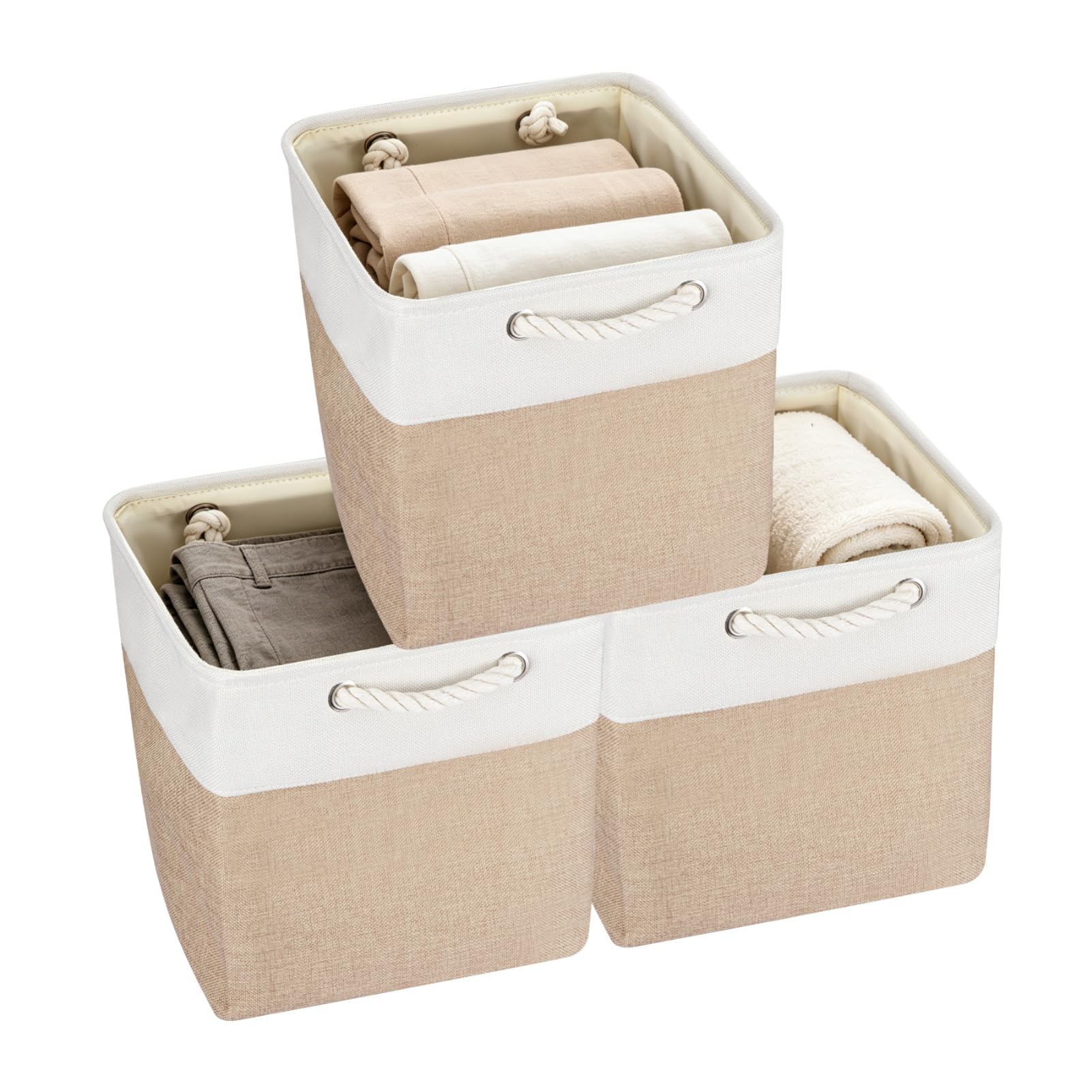FERNVALE Foldable Storage Box Cube Storage Boxes Fabric Collapsible with Handles Foldable Closet Storage Basket for Closet Shelves Wardrobe Home Organization (Khaki 3-Pack, 30x30x30cm)