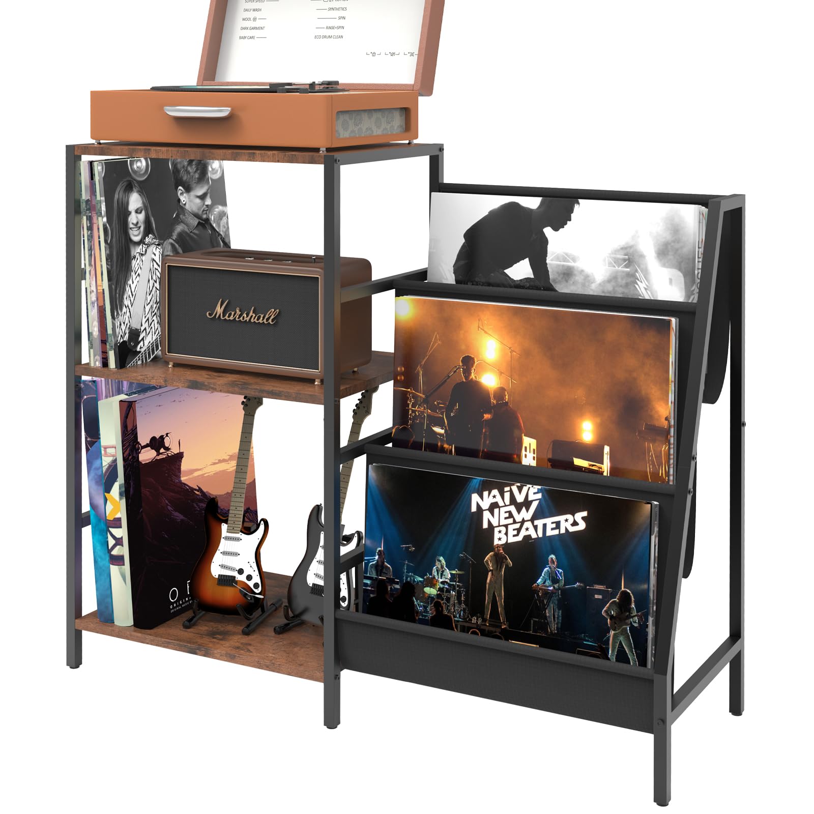 Ollieroo Record Player Stand, Record Player Table with 3-Tier Vinyl Record Storage Up to 200 Albums, End Table for Vinyl Records, Vinyl Record Holder Stand for Living Room