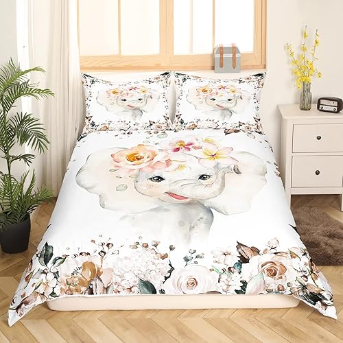 Miniatura 3 de Erosebridal Juego de ropa de cama de elefante lindo para niños, funda de edredón de flores de cerezo morado, juego de ropa de cama de animales